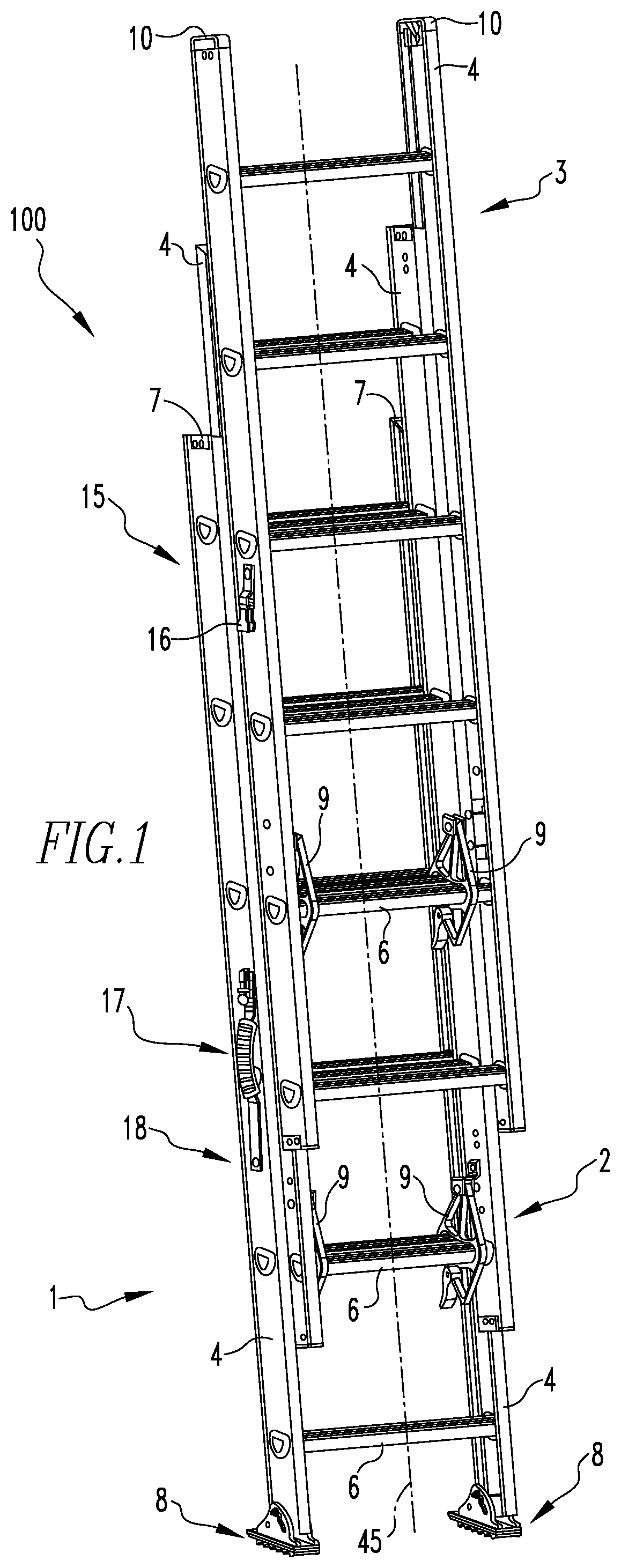 Patent US12492596 Figure 1 – Three section extension ladder