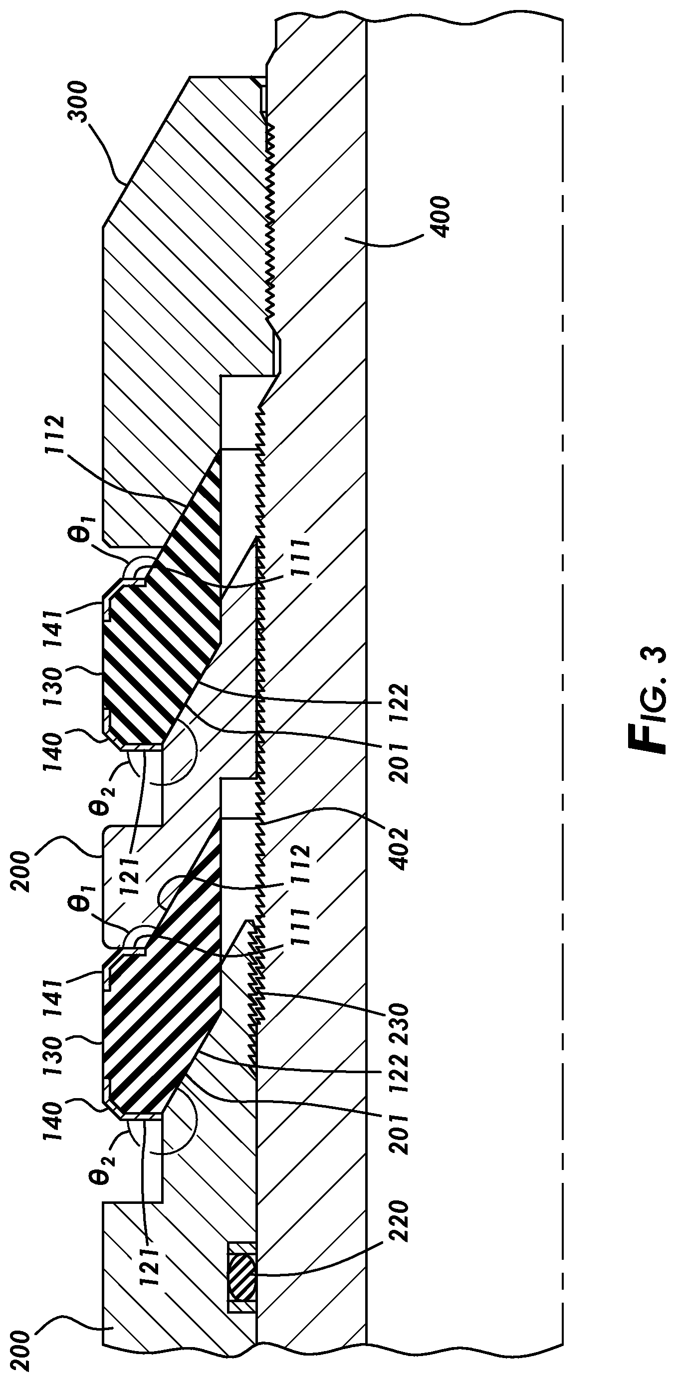 Patent US12492608 Figure 3 – Sealing element with sloped ends
