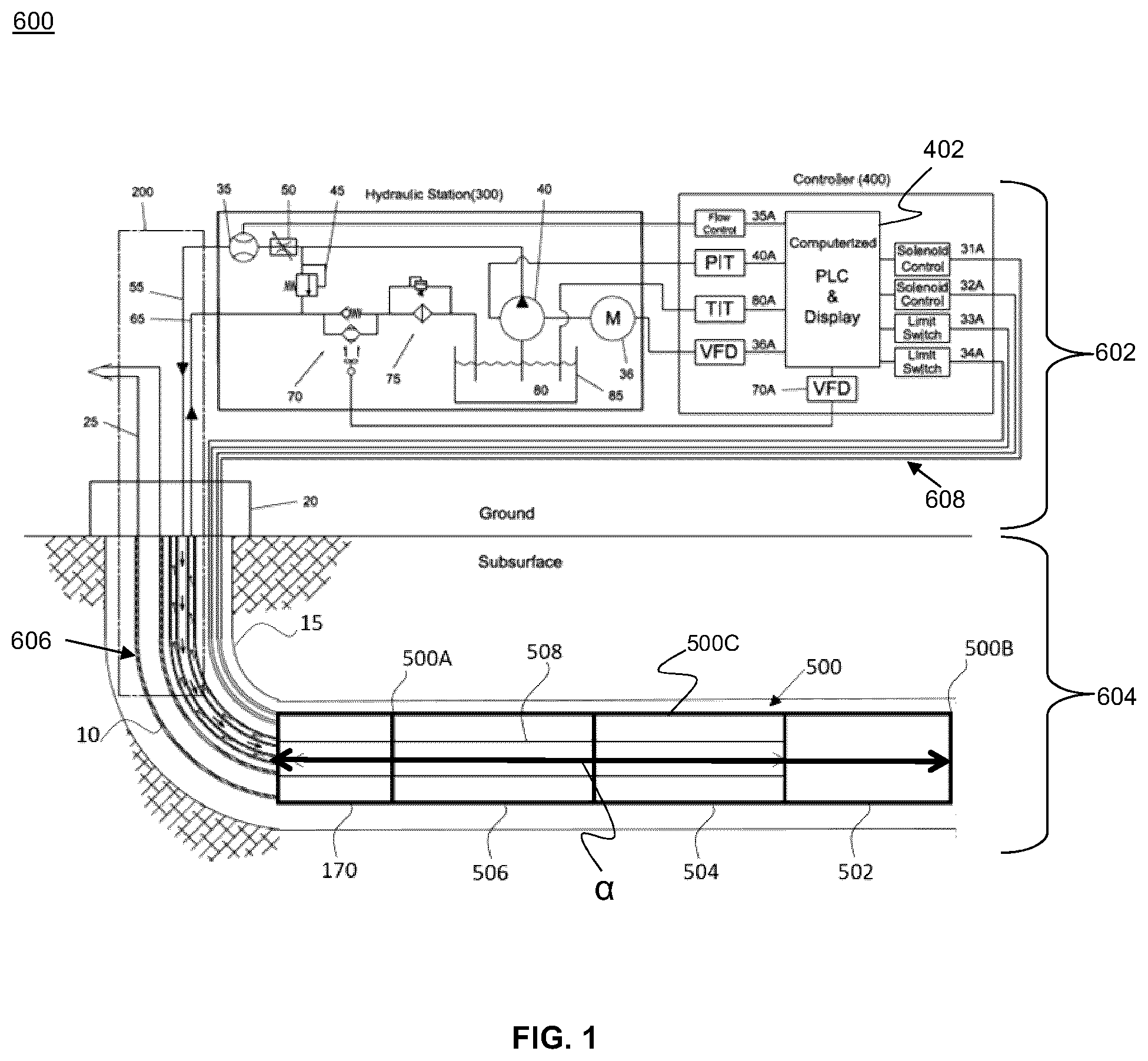 Patent US12492620 Figure 1 – Hydraulically actuated double-acting positive displacement pump system for producing fluids from a wellbore