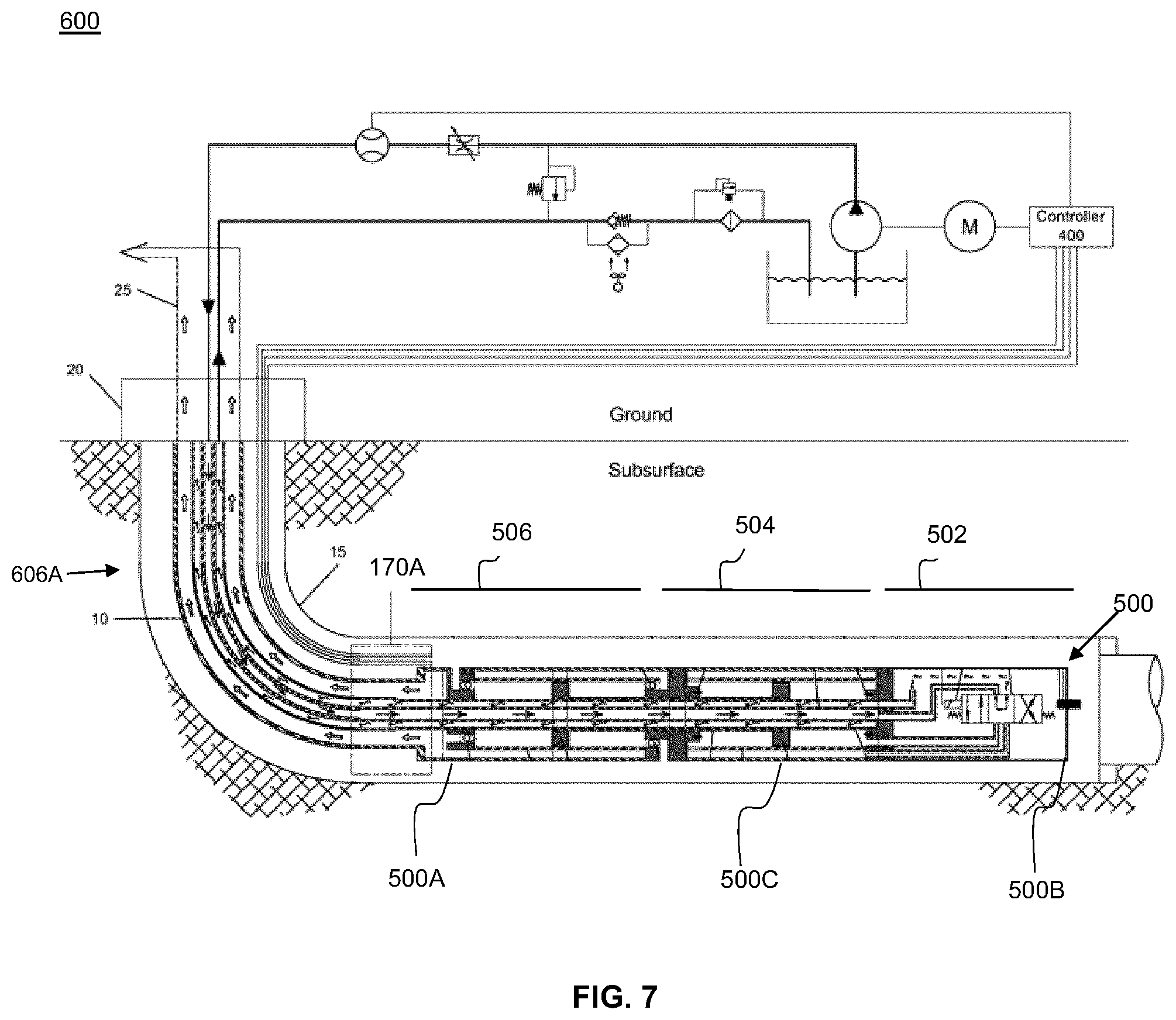 Patent US12492620 Figure 7 – Hydraulically actuated double-acting positive displacement pump system for producing fluids from a wellbore