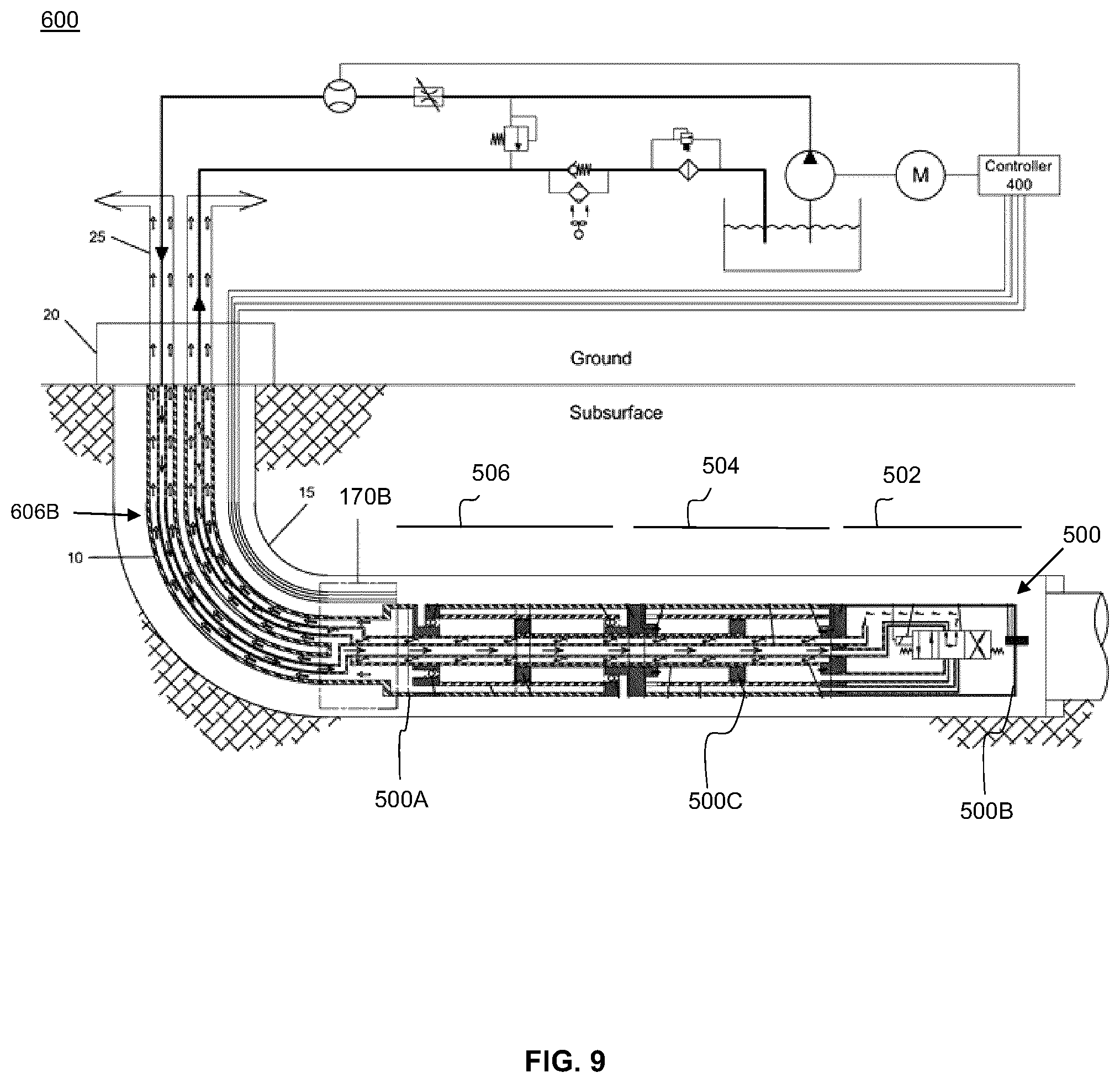 Patent US12492620 Figure 9 – Hydraulically actuated double-acting positive displacement pump system for producing fluids from a wellbore
