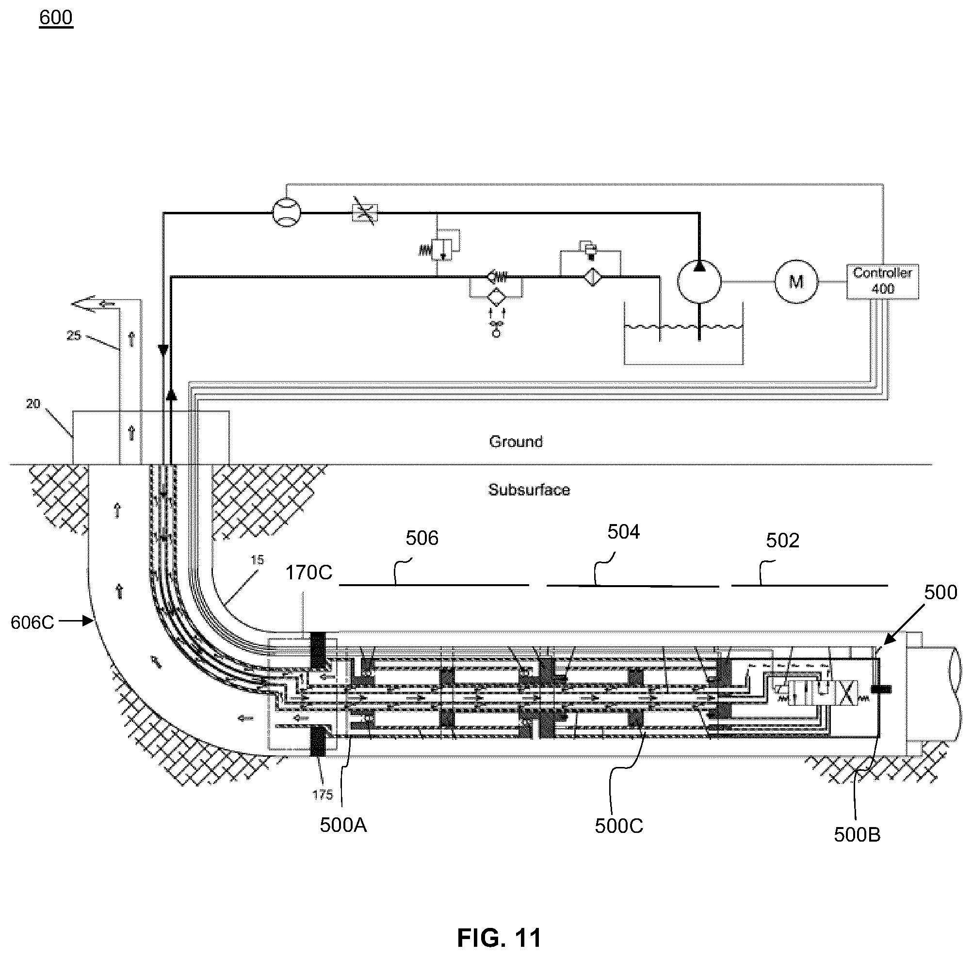 Patent US12492620 Figure 11 – Hydraulically actuated double-acting positive displacement pump system for producing fluids from a wellbore