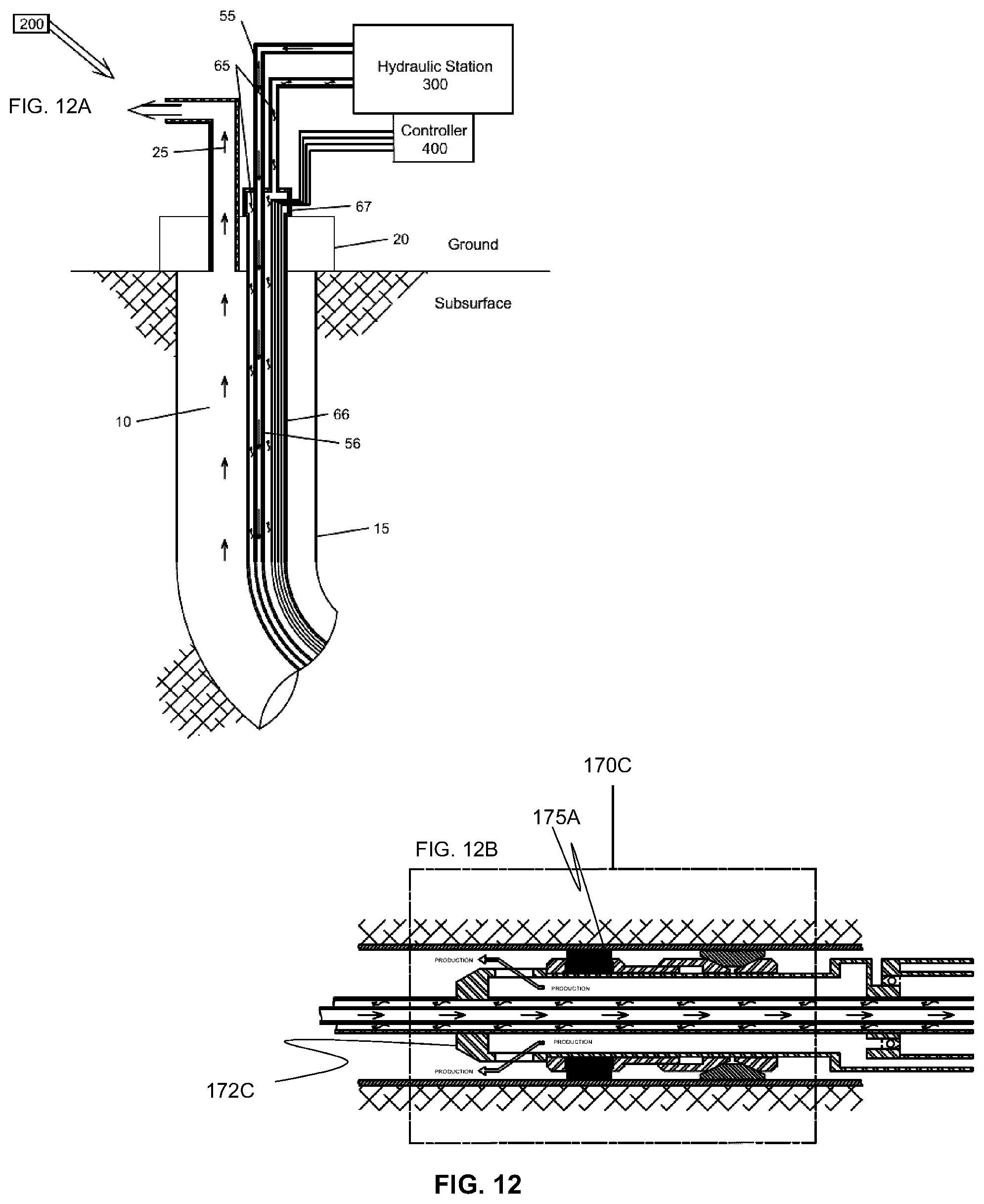 Patent US12492620 Figure 12 – Hydraulically actuated double-acting positive displacement pump system for producing fluids from a wellbore