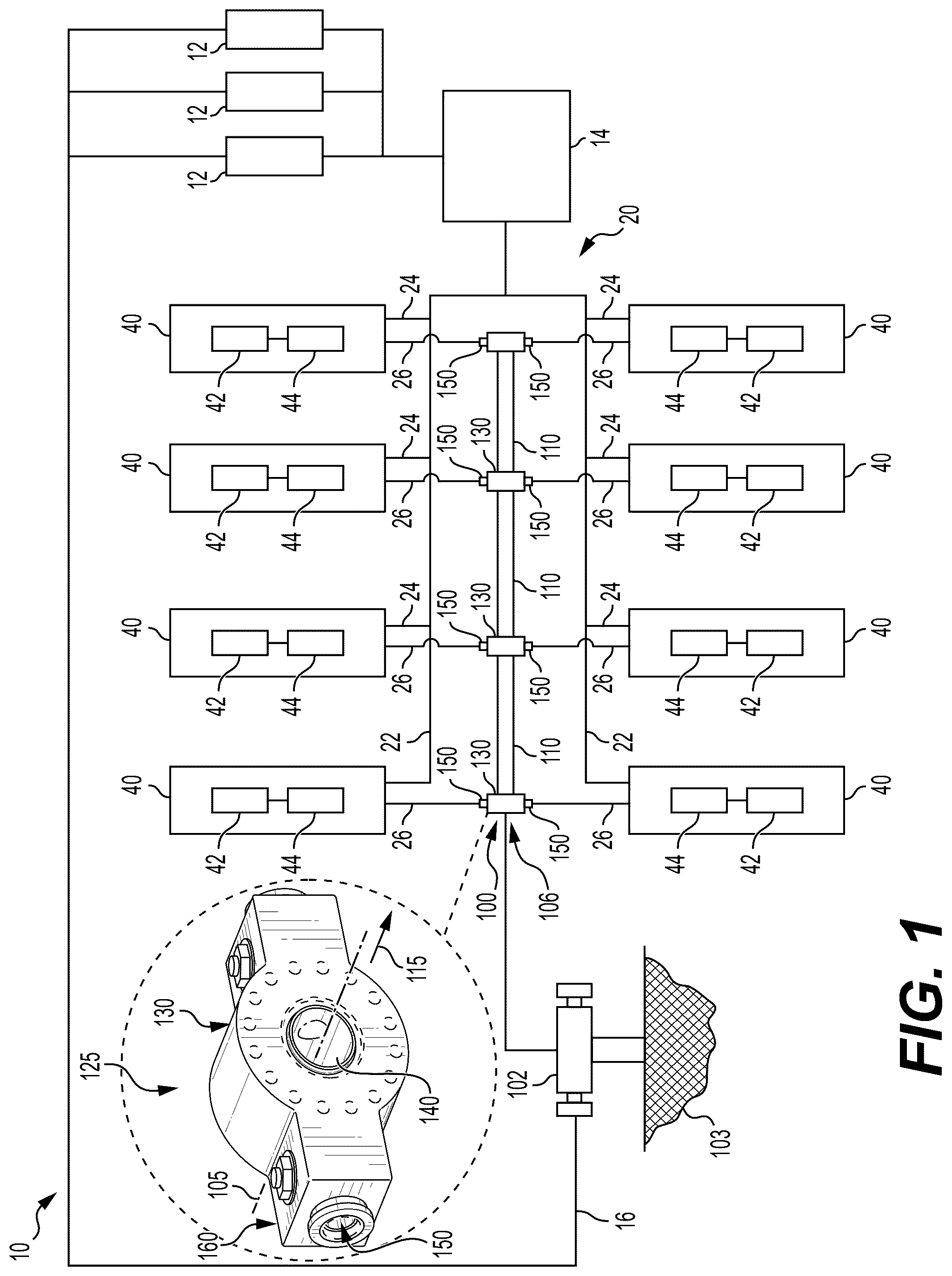 Patent US12492625 Figure 1 – Integrated junction and check valve assemblies for hydraulic fracturing system manifolds and related methods