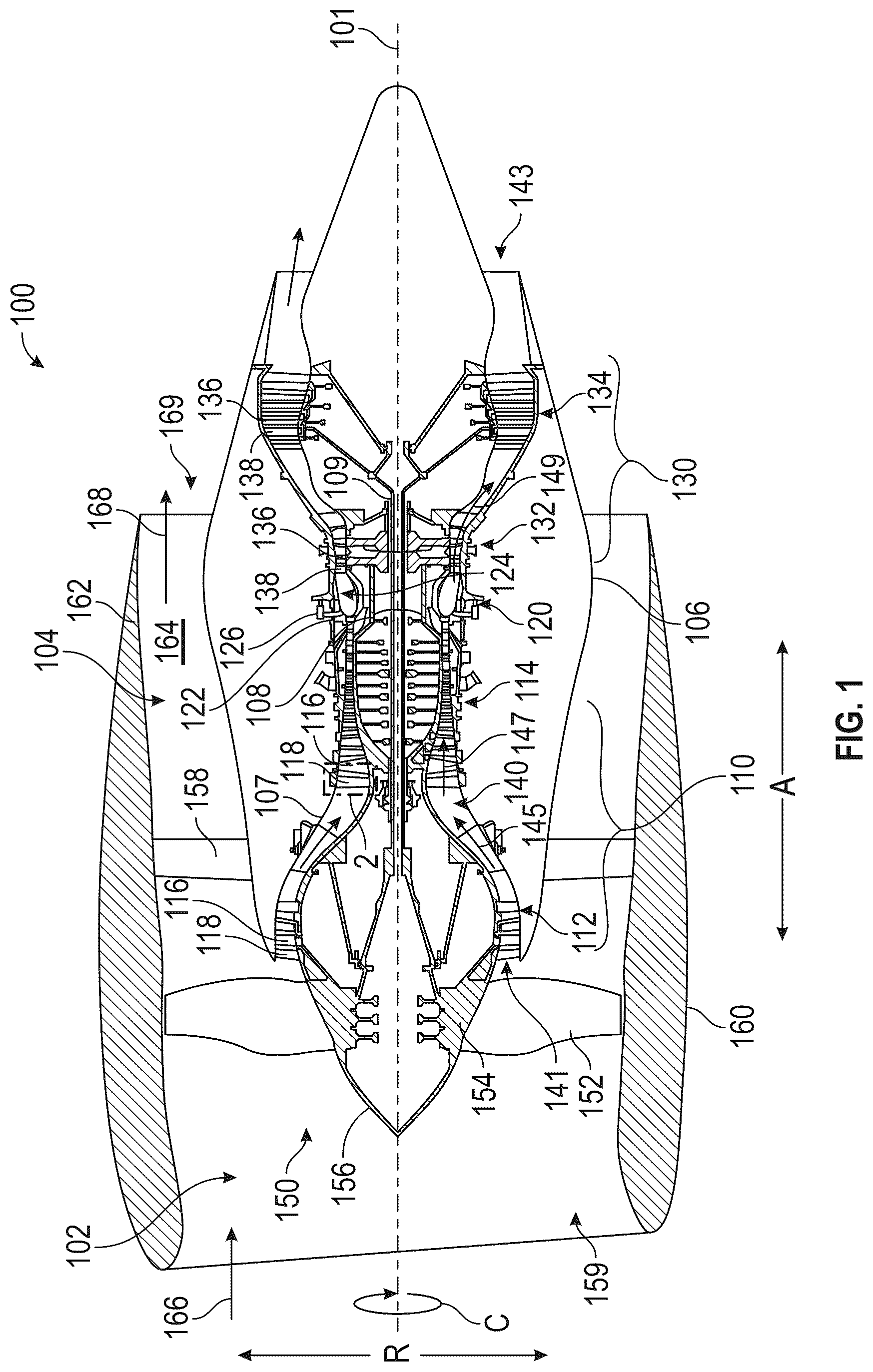Patent US12492640 — Turbine engine including a vane support and a vane — Figure 1