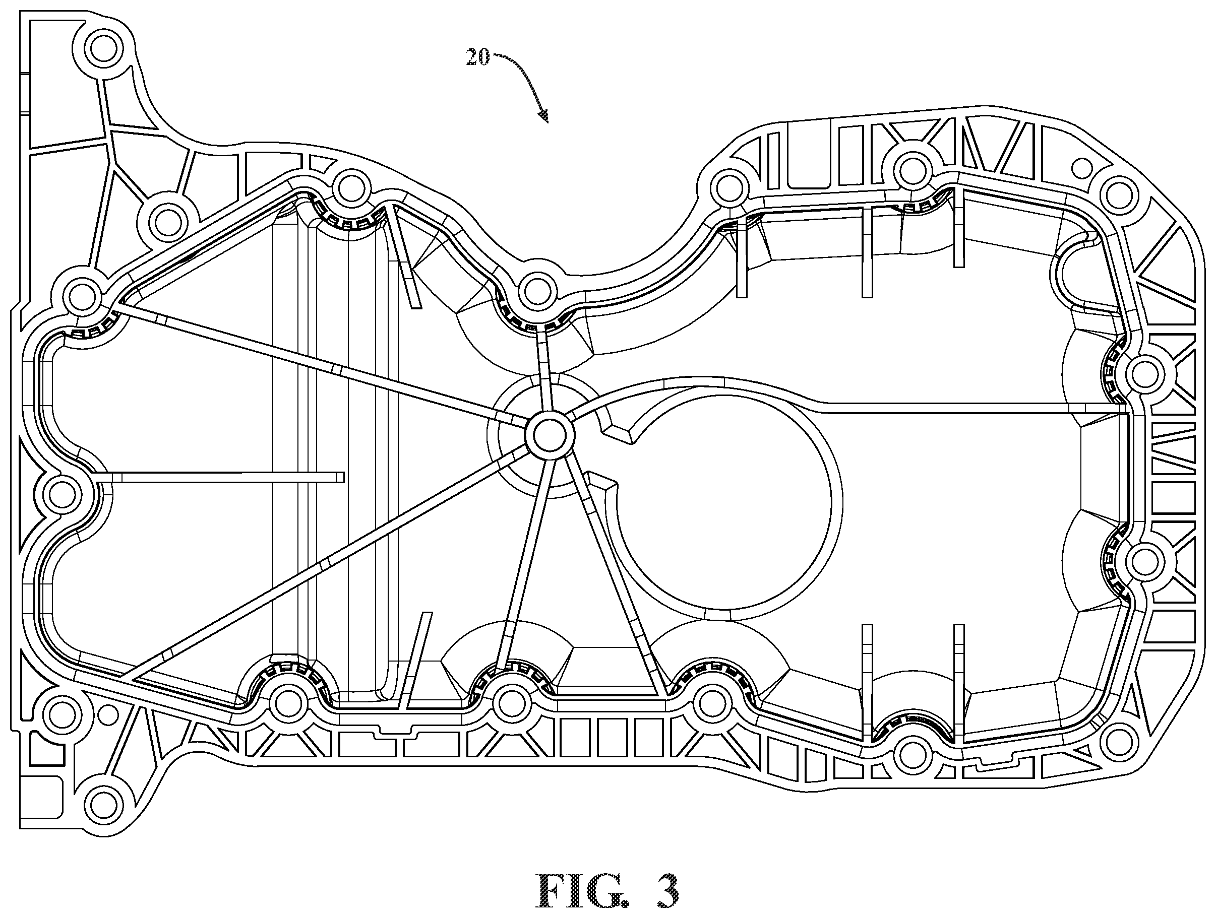 Patent US12492651 Figure 3 – Non-metallic lubricant pan for a vehicle including a structural reinforcement member