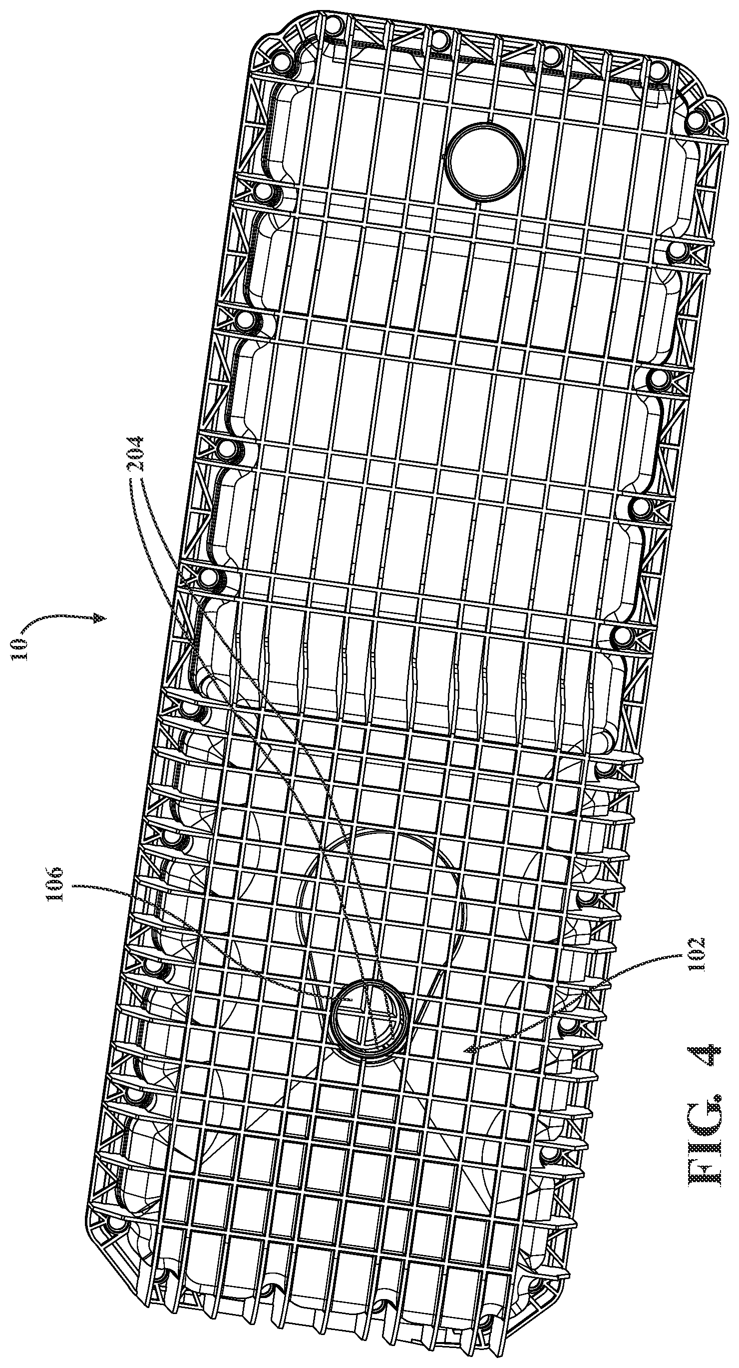 Patent US12492651 Figure 4 – Non-metallic lubricant pan for a vehicle including a structural reinforcement member