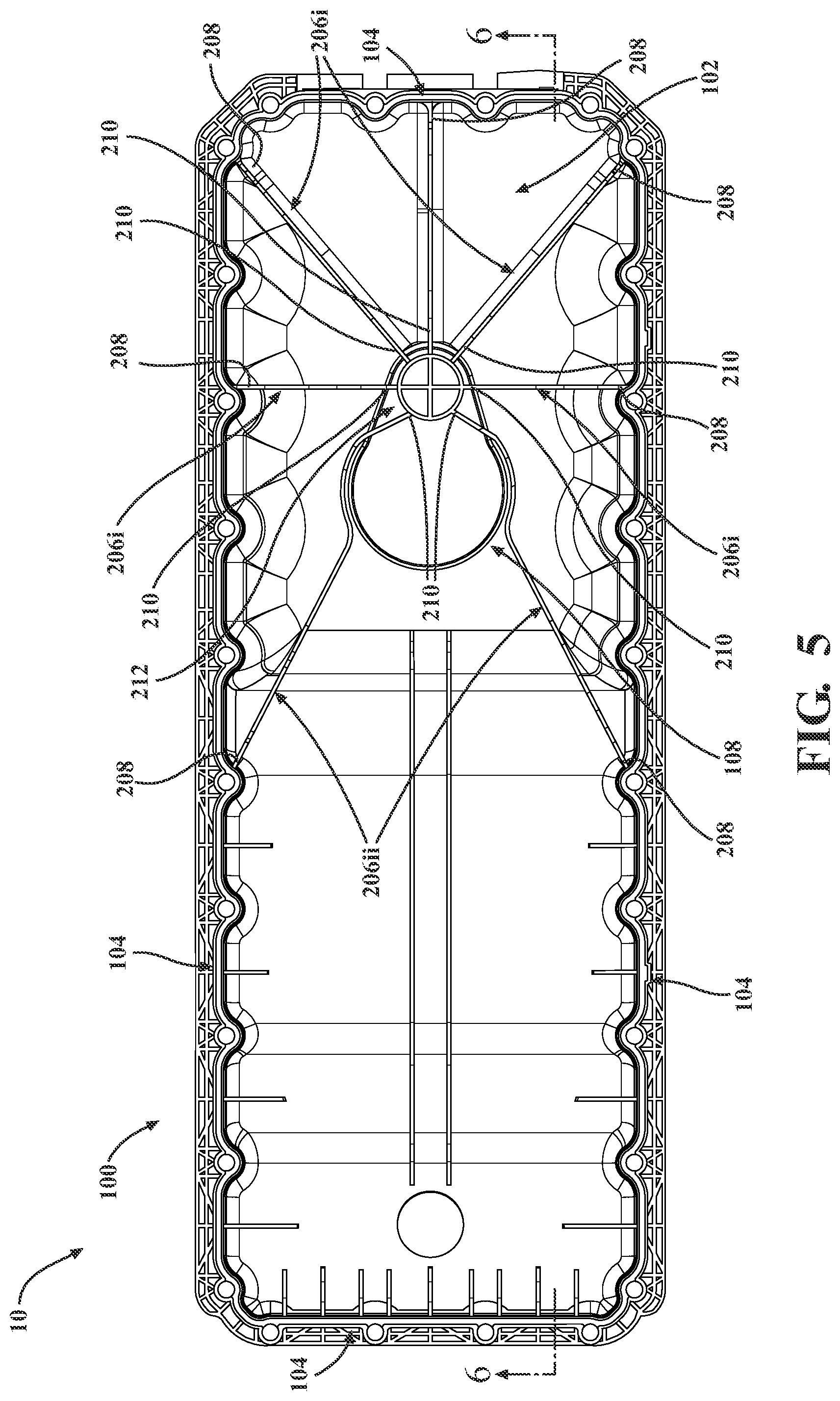 Patent US12492651 Figure 5 – Non-metallic lubricant pan for a vehicle including a structural reinforcement member