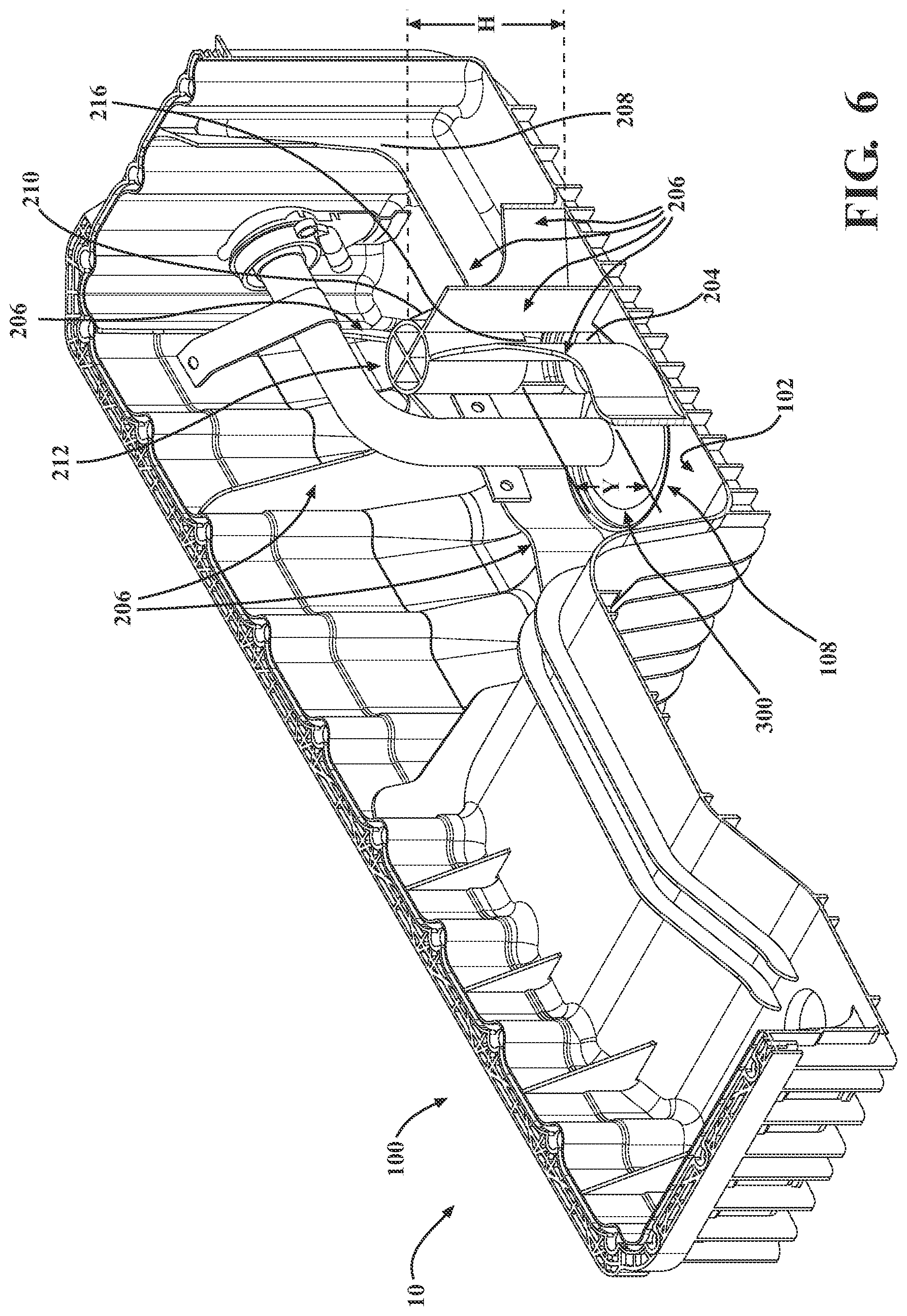 Patent US12492651 Figure 6 – Non-metallic lubricant pan for a vehicle including a structural reinforcement member