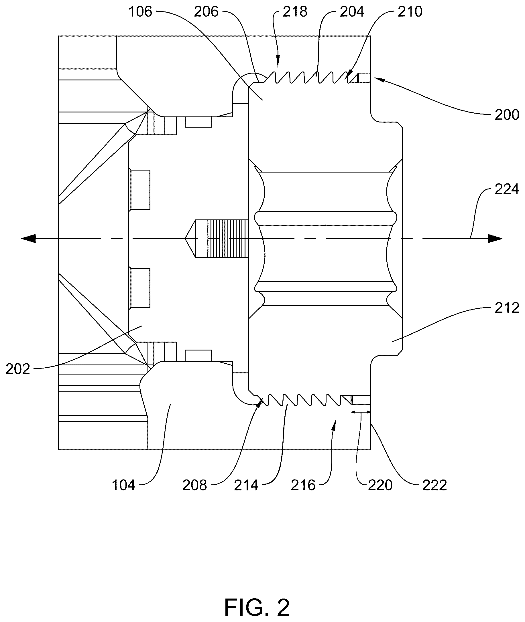 Patent US12492697 Figure 2 – System and method for reduced thread stress for buttress style threads used in frac pump fluid ends