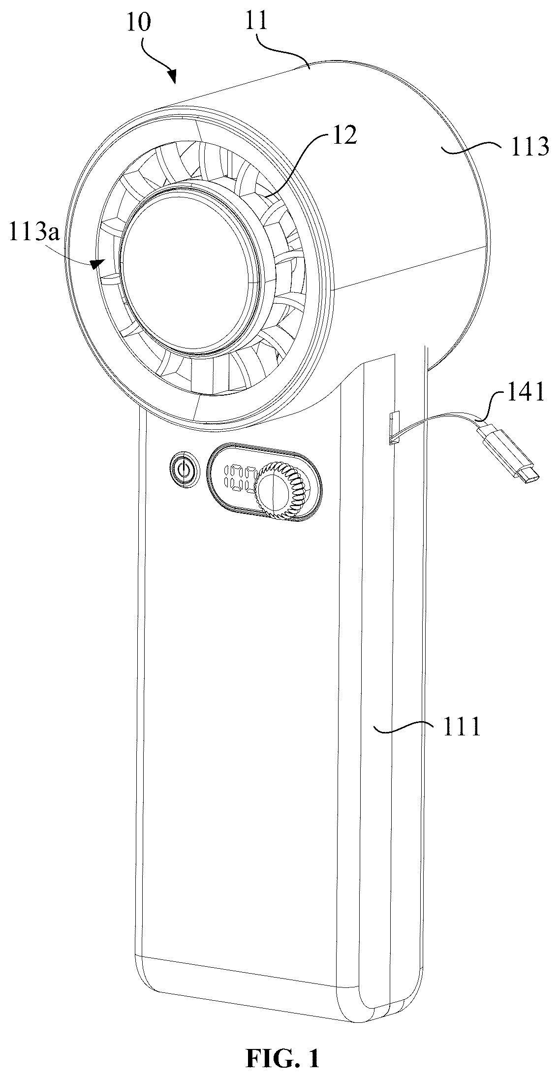 Patent US12492703 Figure 1 – Handheld fan