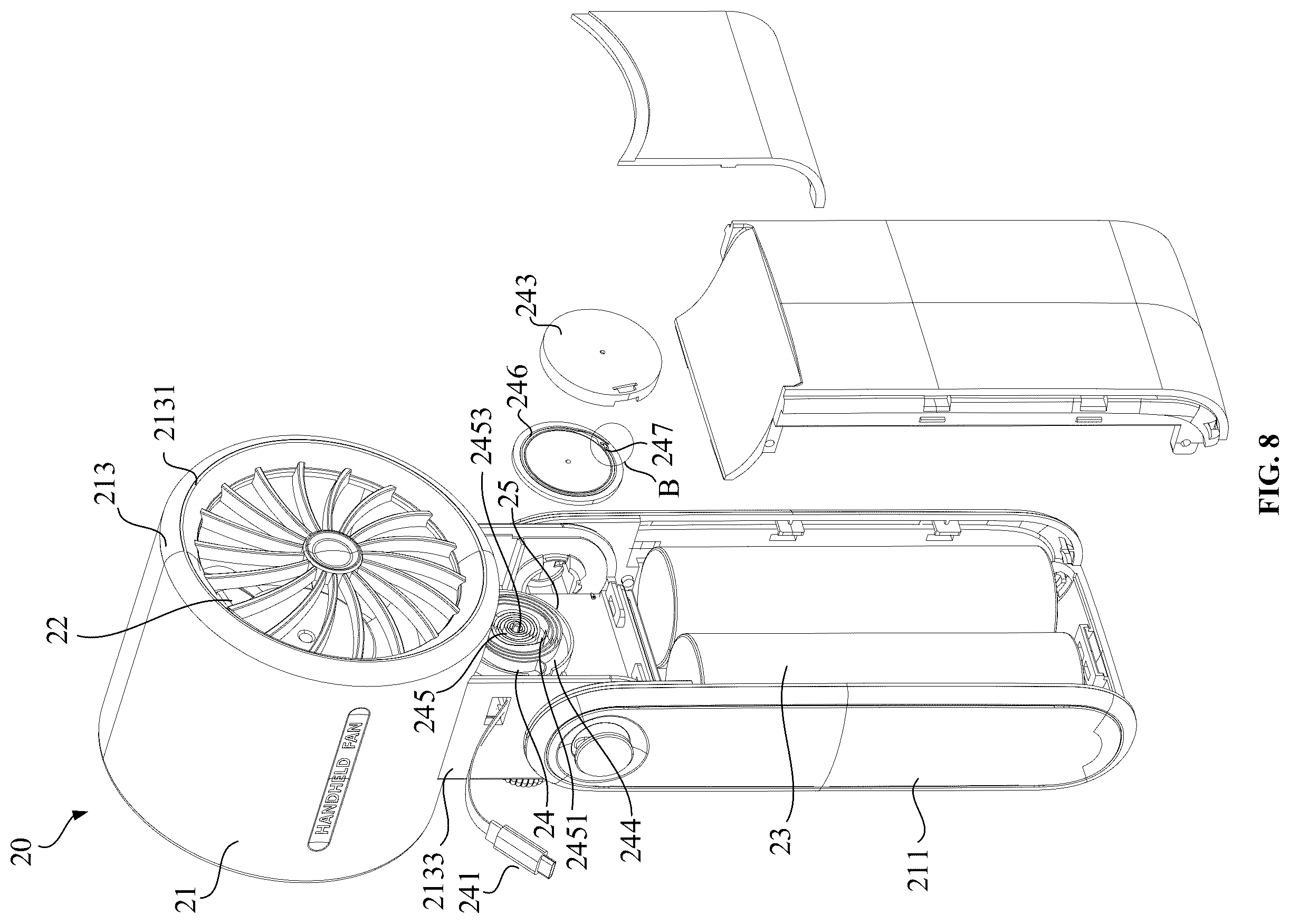 Patent US12492703 Figure 8 – Handheld fan
