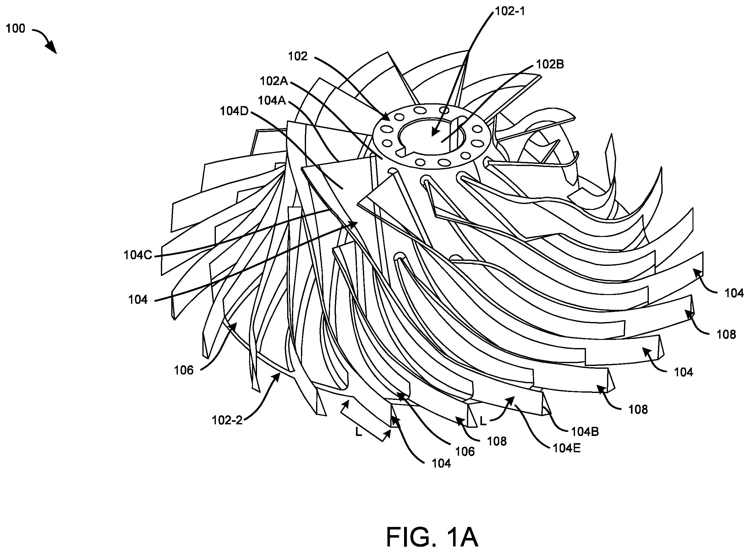 Patent US12492707 Figure 1 – Impeller with variable backsweep angle
