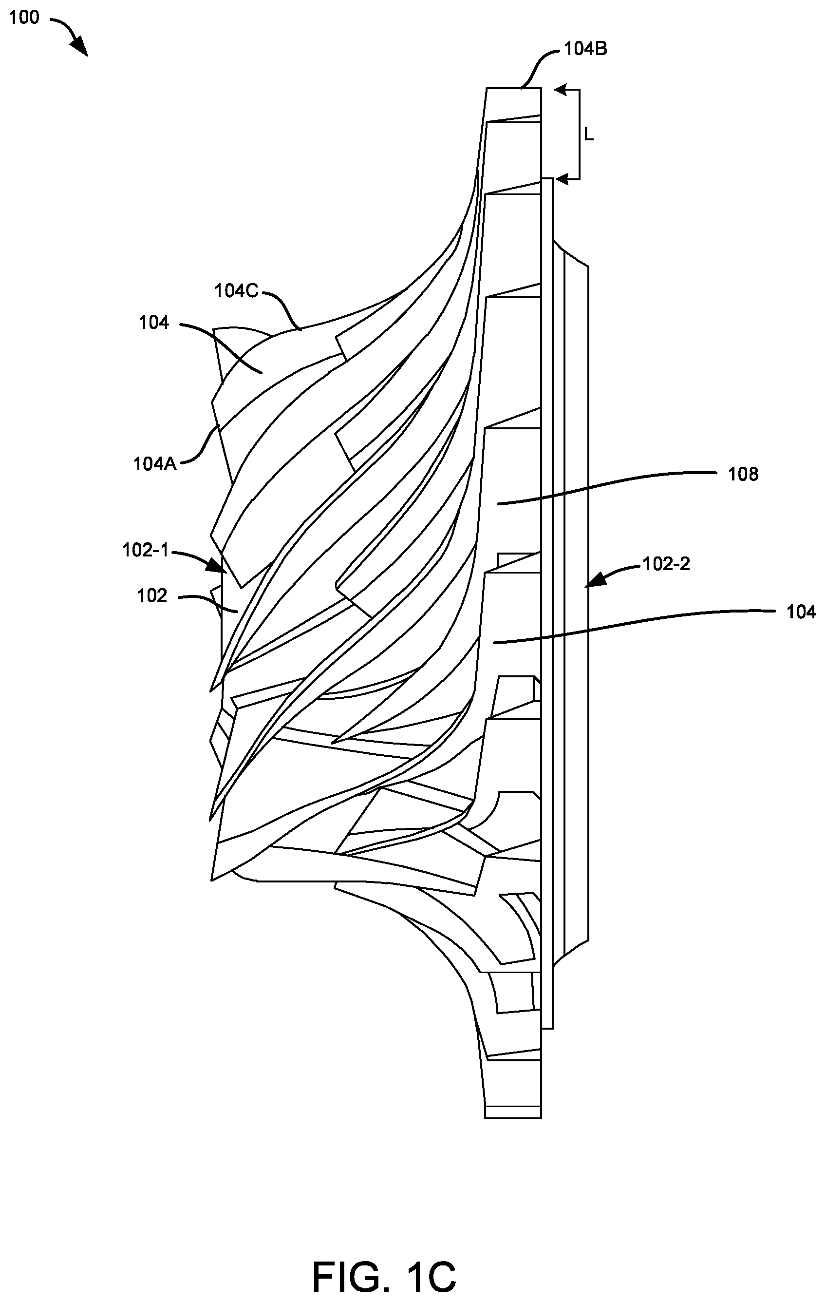 Patent US12492707 Figure 3 – Impeller with variable backsweep angle