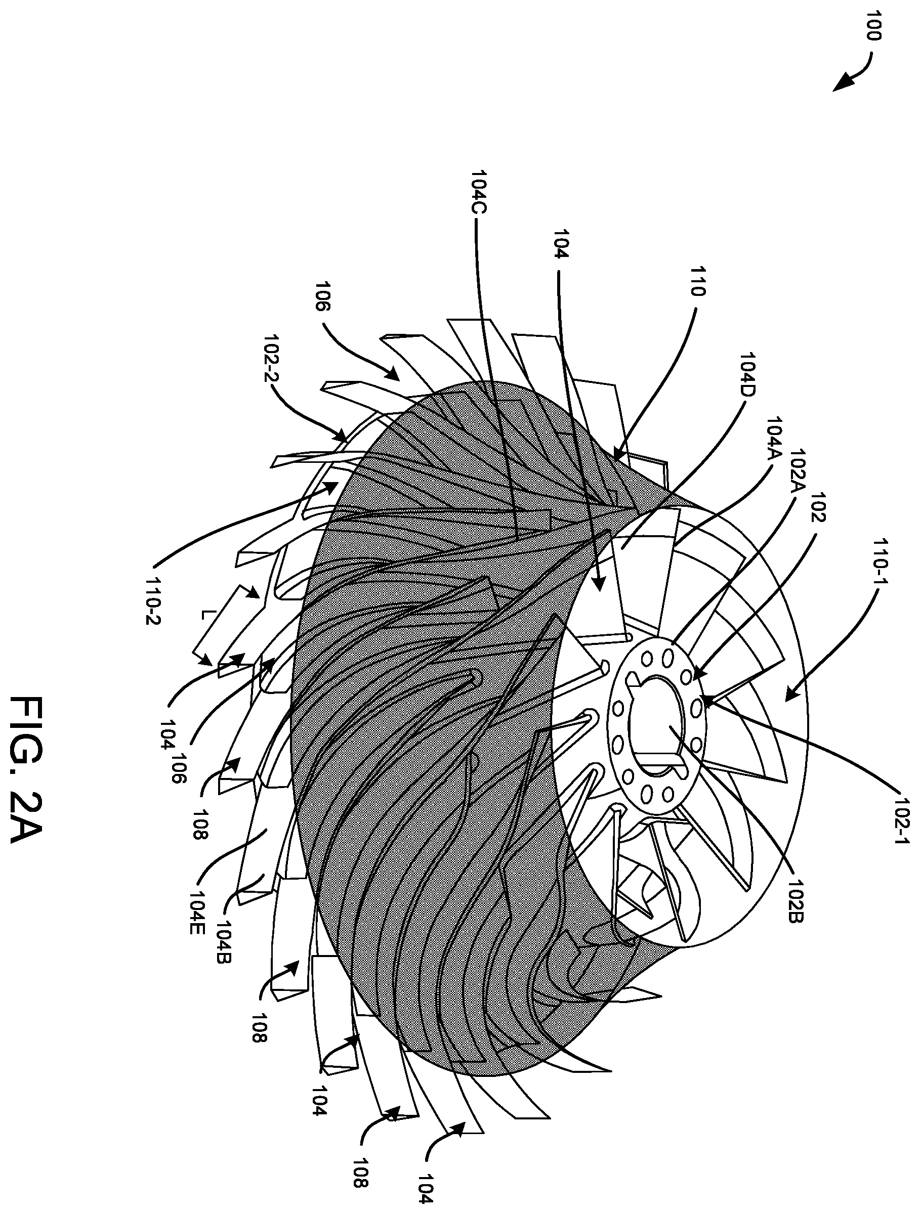 Patent US12492707 Figure 4 – Impeller with variable backsweep angle