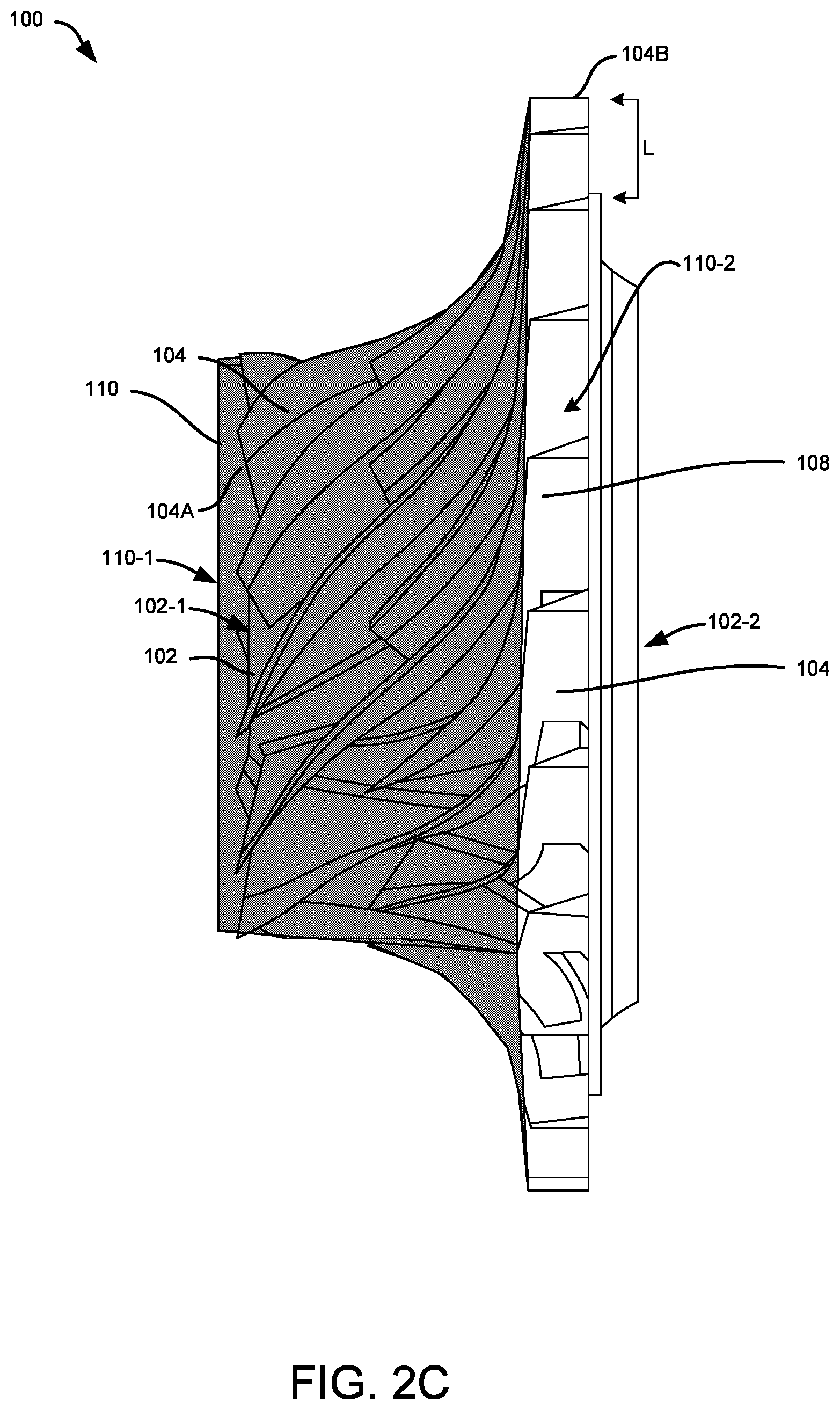 Patent US12492707 Figure 6 – Impeller with variable backsweep angle