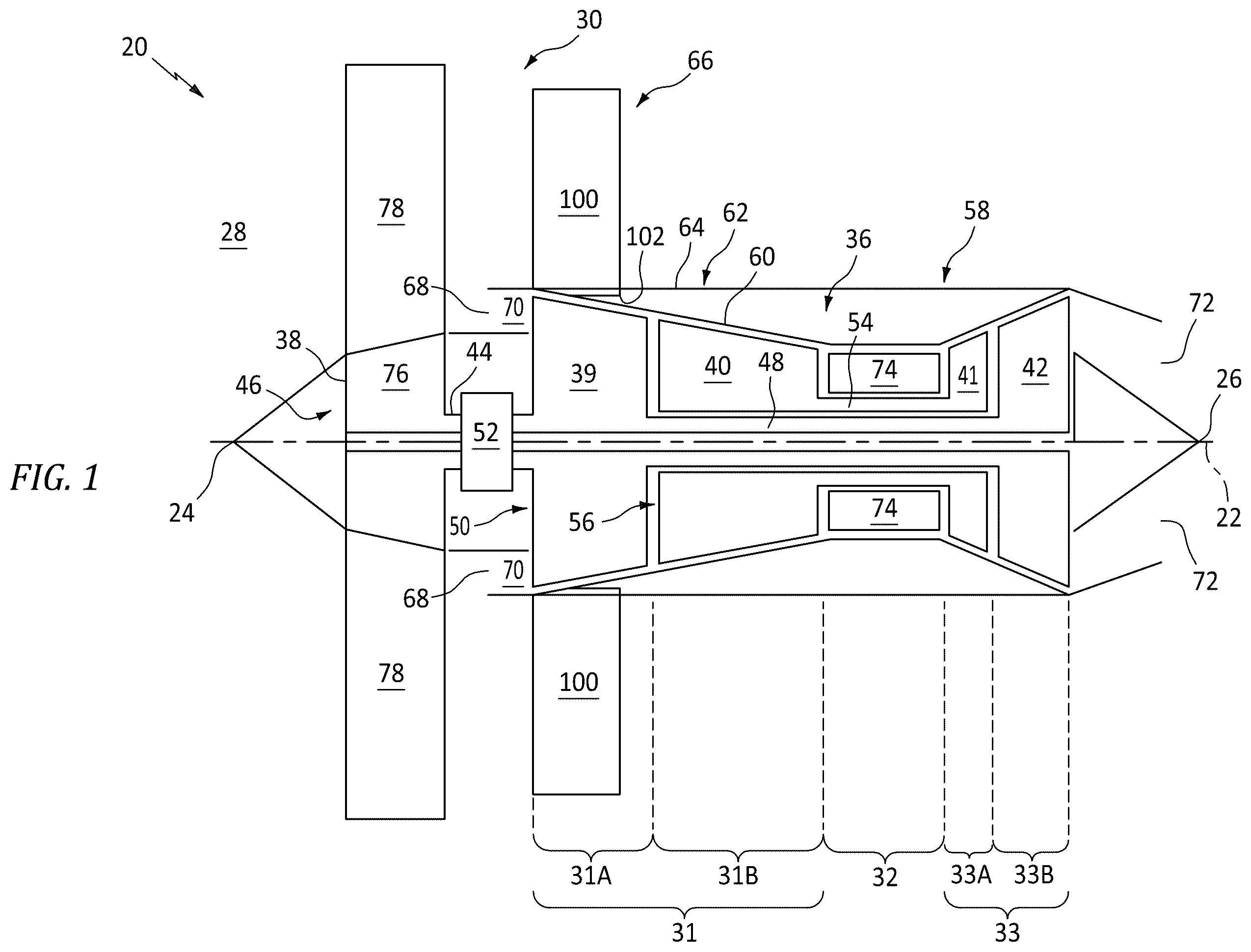 Patent US12492711 Figure 1 – Open rotor with fixed guide vane/stator