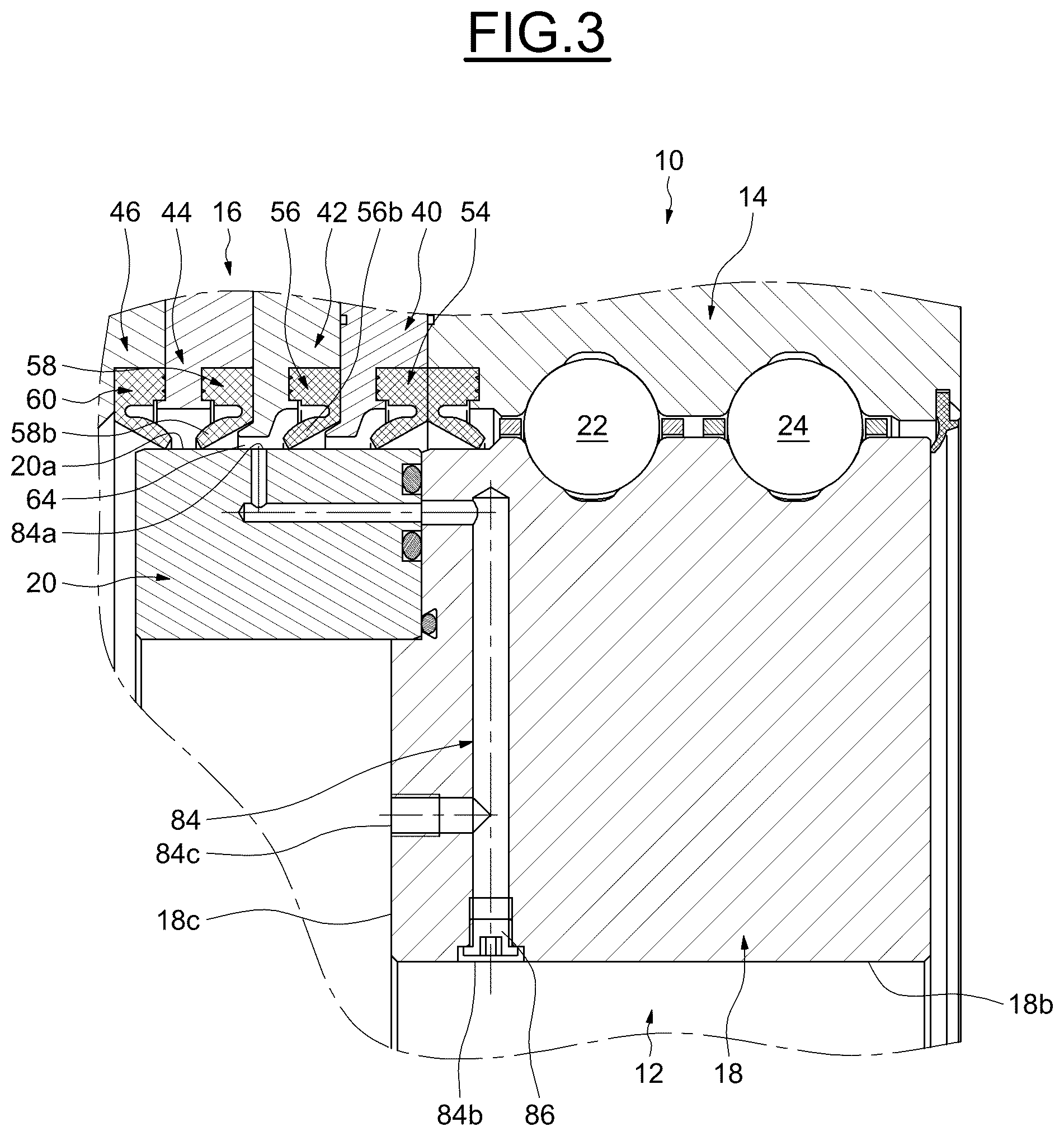 Patent US12492728 Figure 3 – Rolling-element bearing with seals and leakage test channel