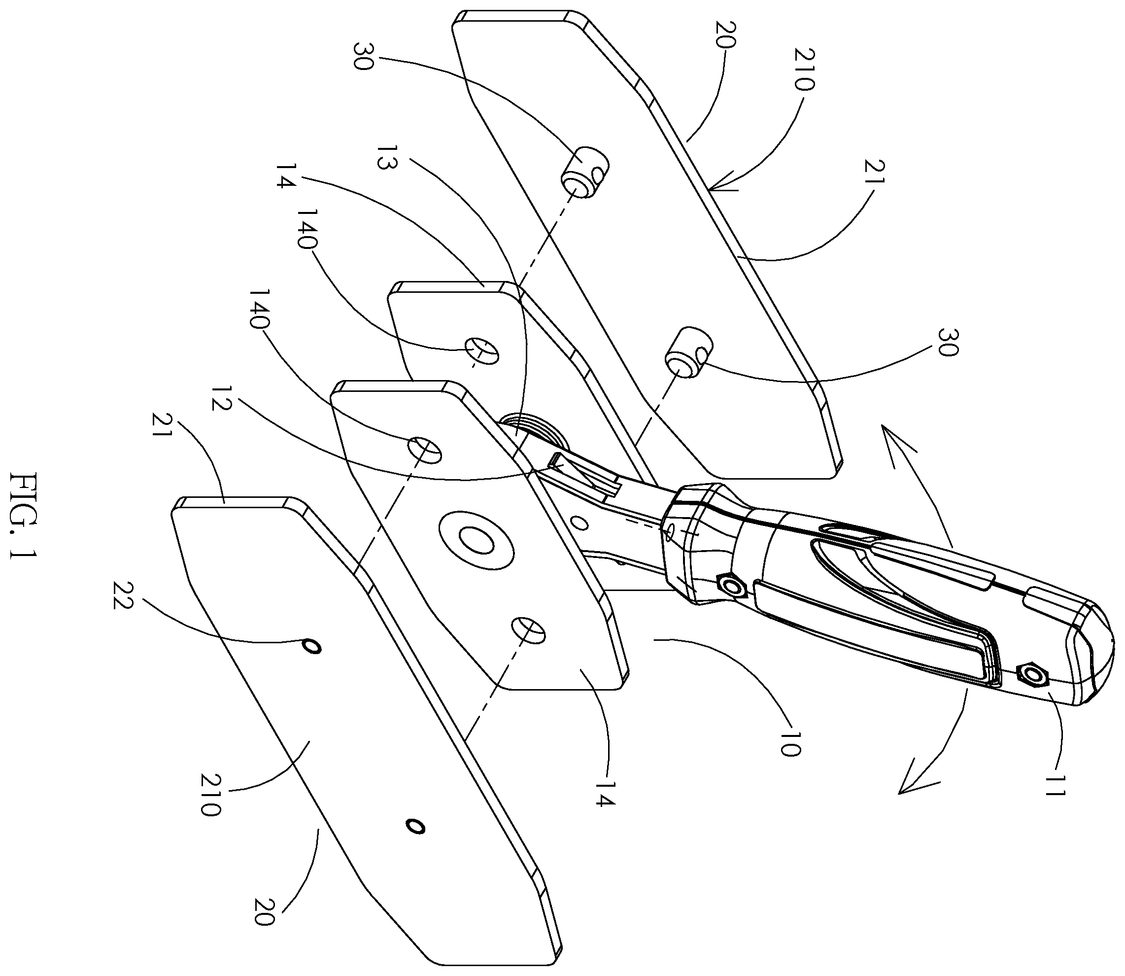 Patent US12492730 Figure 1 – Disc brake piston retraction tool with backing plate expansion structure