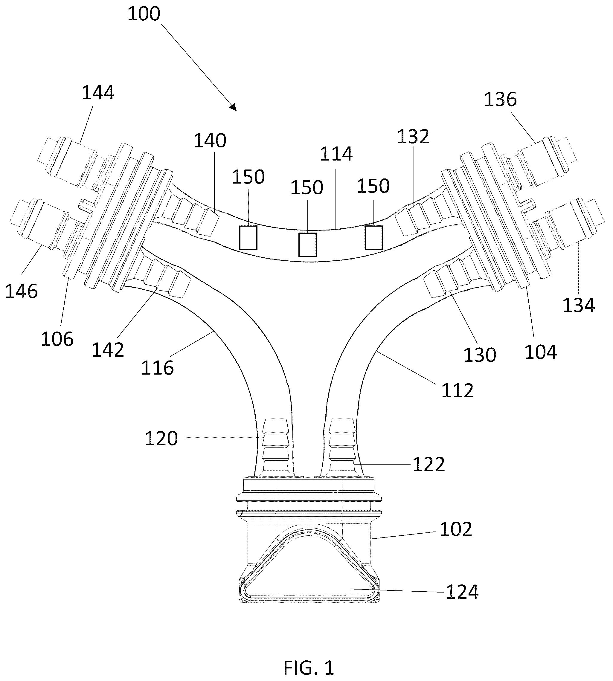 Patent US12492773 Figure 1 – Wye connector for a plurality of devices connected to a fluid source