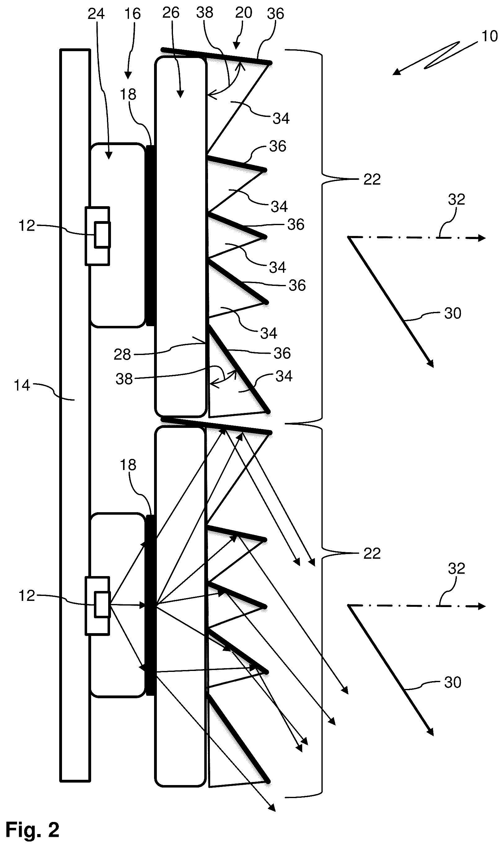 Patent US12492801 Figure 2 – Luminous film for radiating light in a directed manner