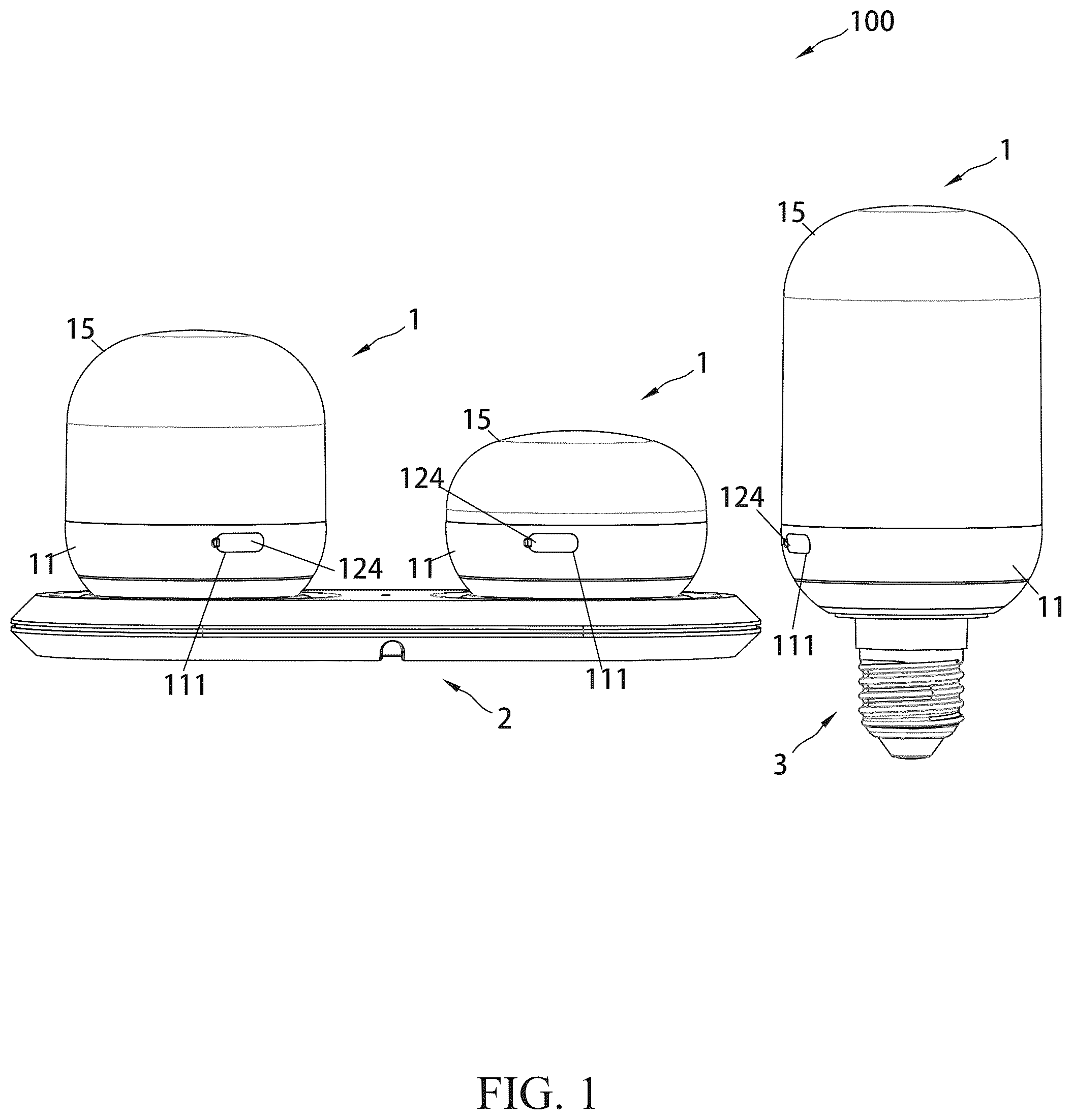 Patent US12492807 Figure 1 – Magnetic suction charging lamp bulb, a charging base for the lamp bulb, and a conversion lamp cap for the lamp bulb