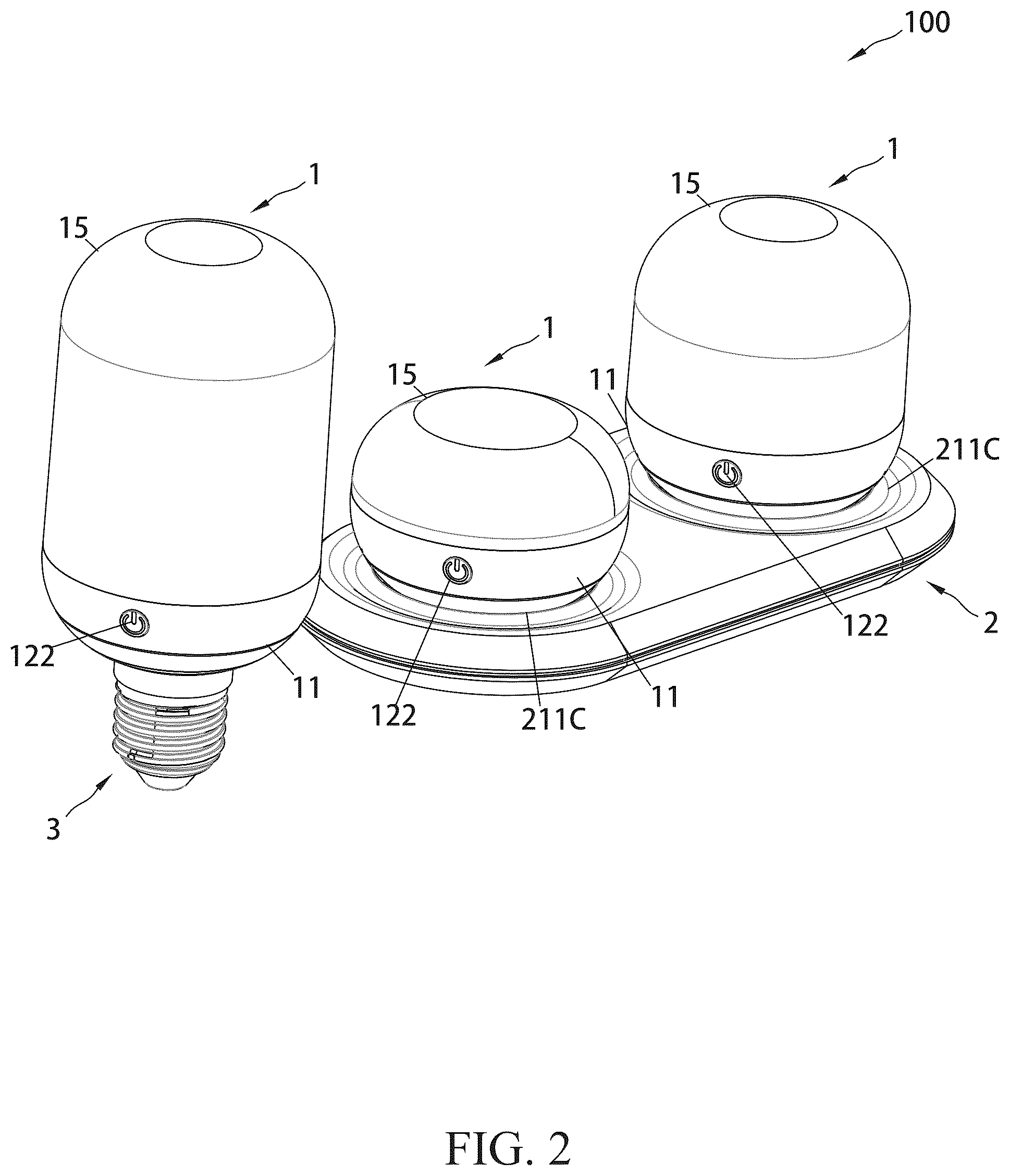 Patent US12492807 Figure 2 – Magnetic suction charging lamp bulb, a charging base for the lamp bulb, and a conversion lamp cap for the lamp bulb