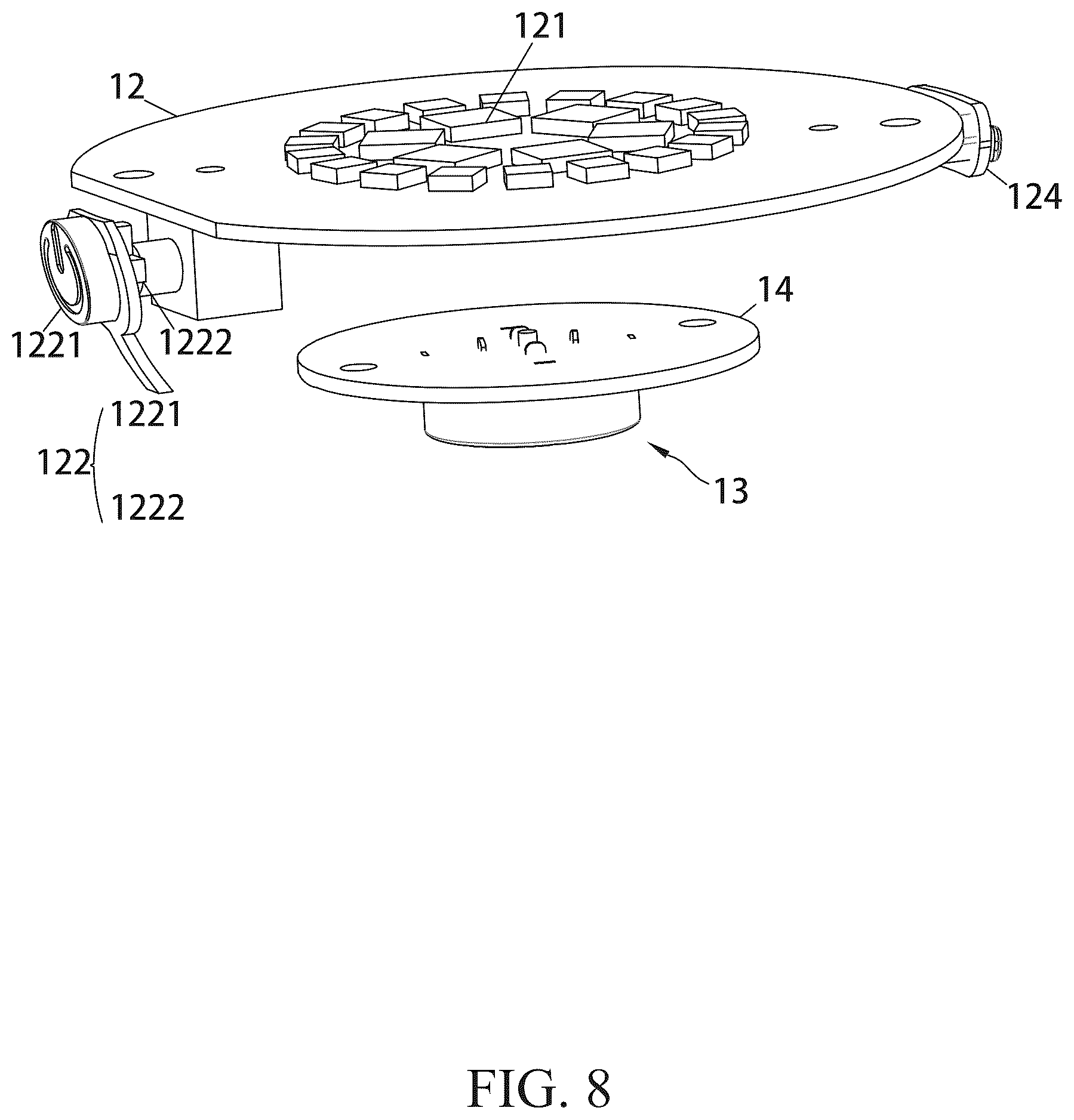 Patent US12492807 Figure 8 – Magnetic suction charging lamp bulb, a charging base for the lamp bulb, and a conversion lamp cap for the lamp bulb