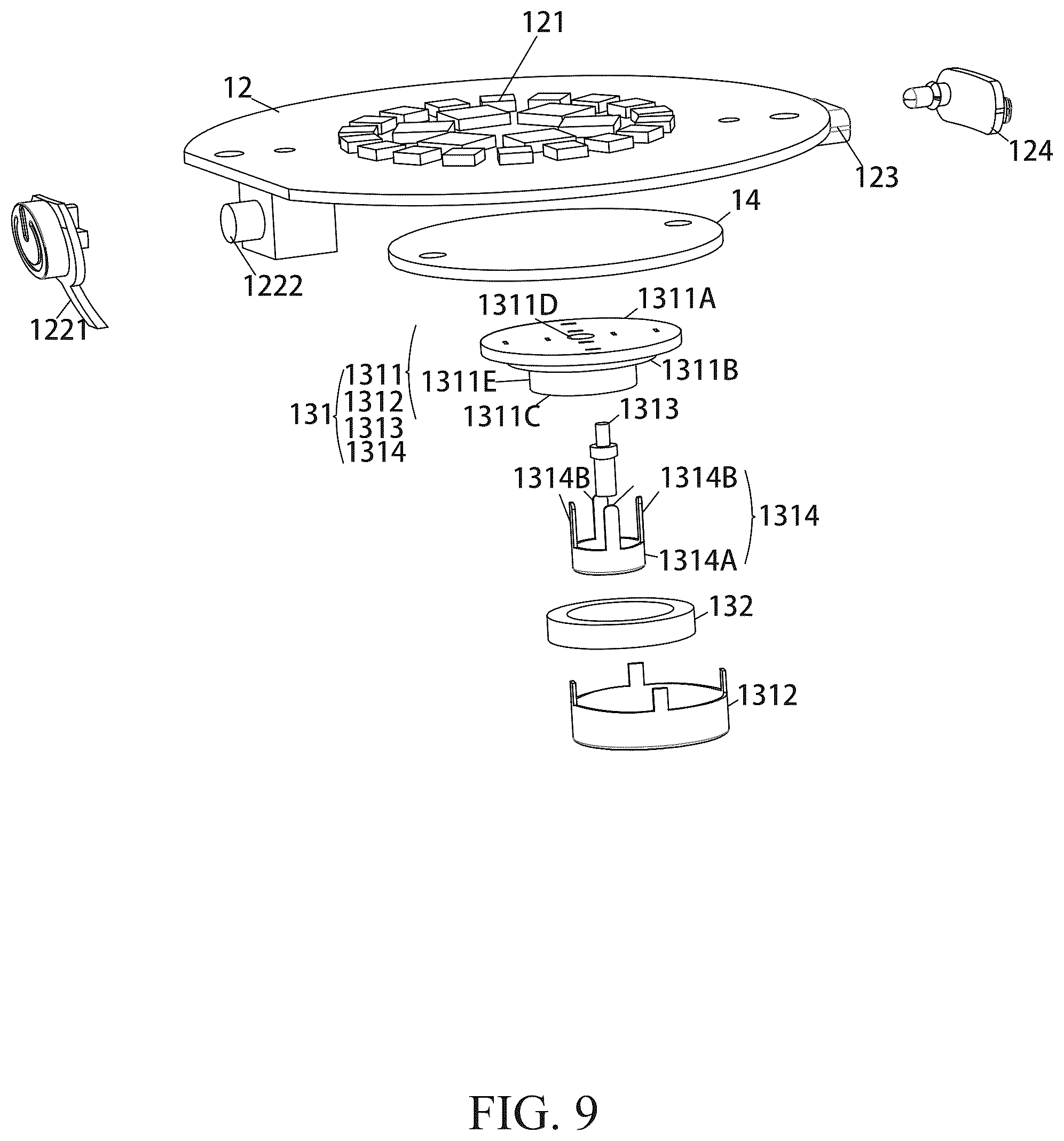 Patent US12492807 Figure 9 – Magnetic suction charging lamp bulb, a charging base for the lamp bulb, and a conversion lamp cap for the lamp bulb