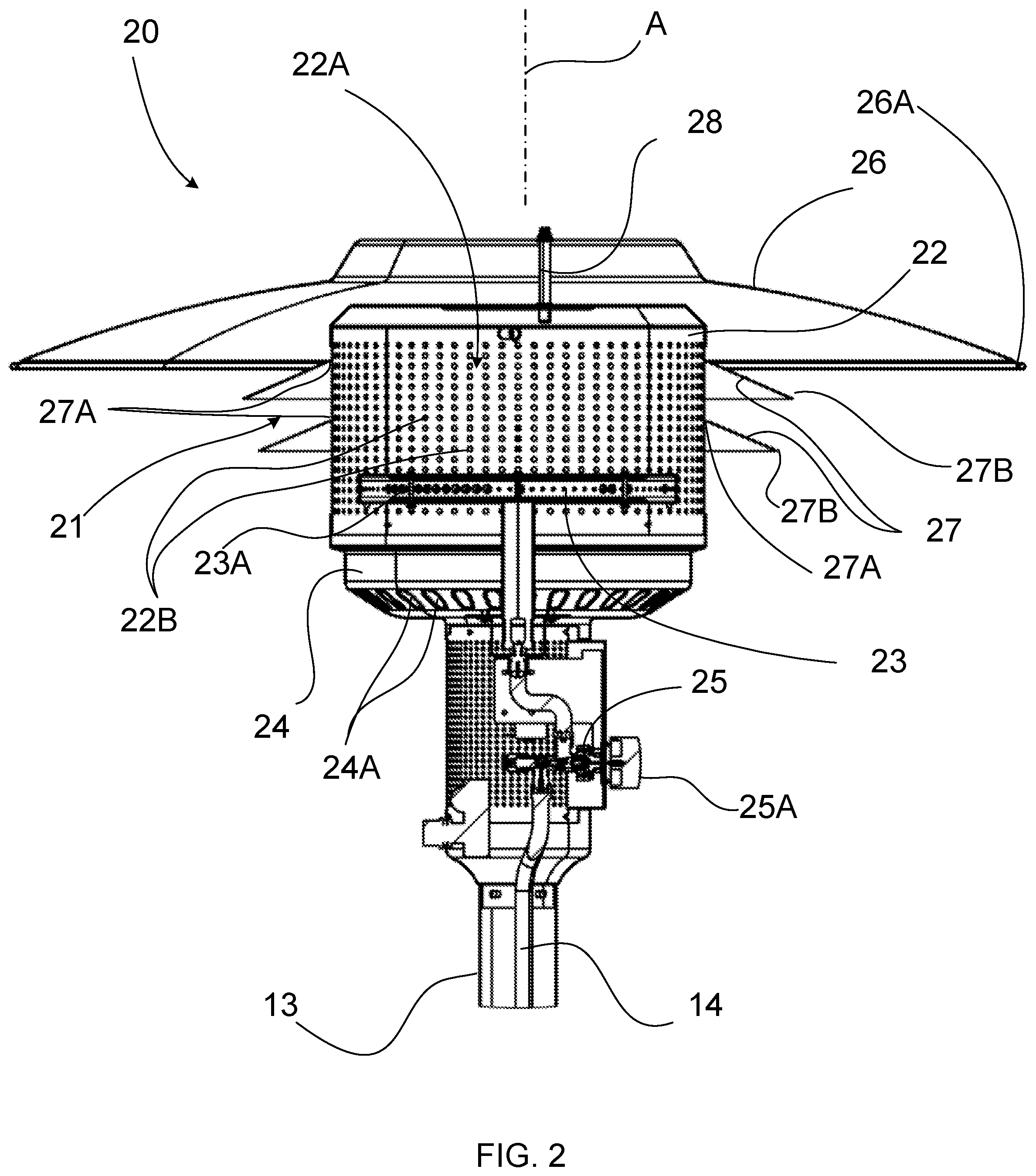 Patent US12492822 Figure 2 – Patio heater with reflective fins