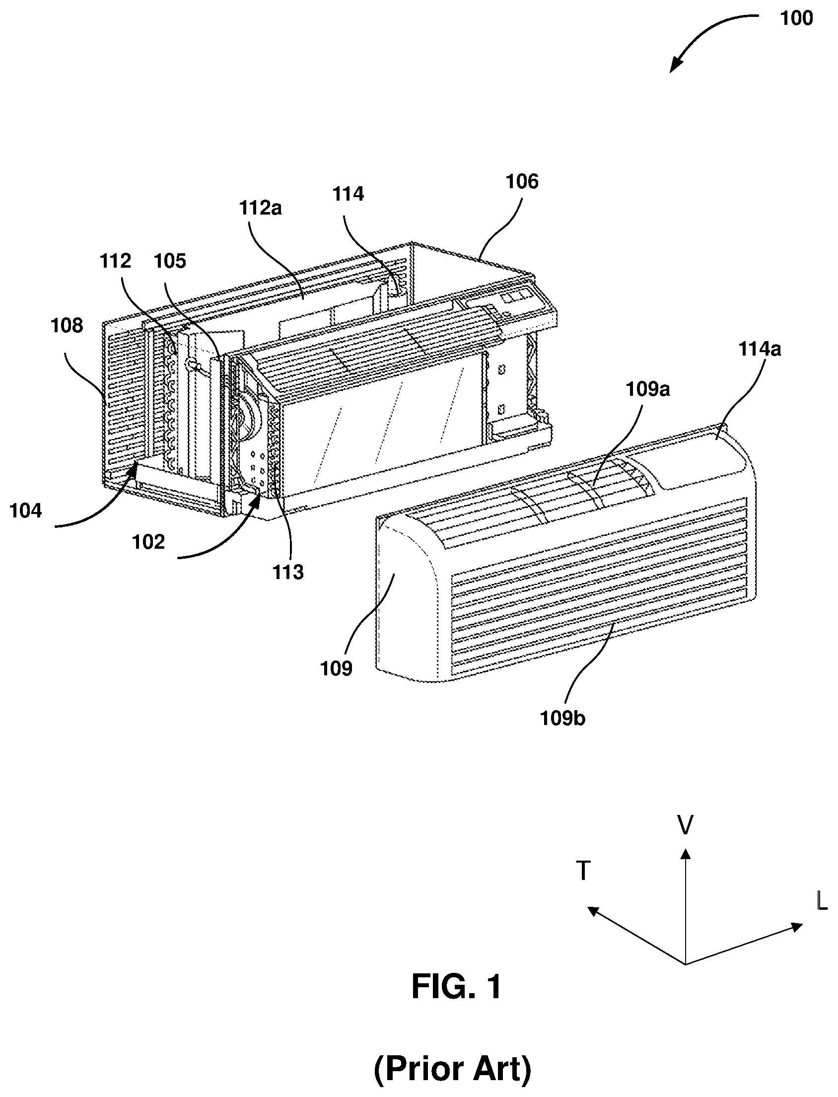 Patent US12492828 Figure 1 – Compact, leakless, and power-efficient packaged terminal air conditioner (PTAC) with an evaporating element for the meltwater