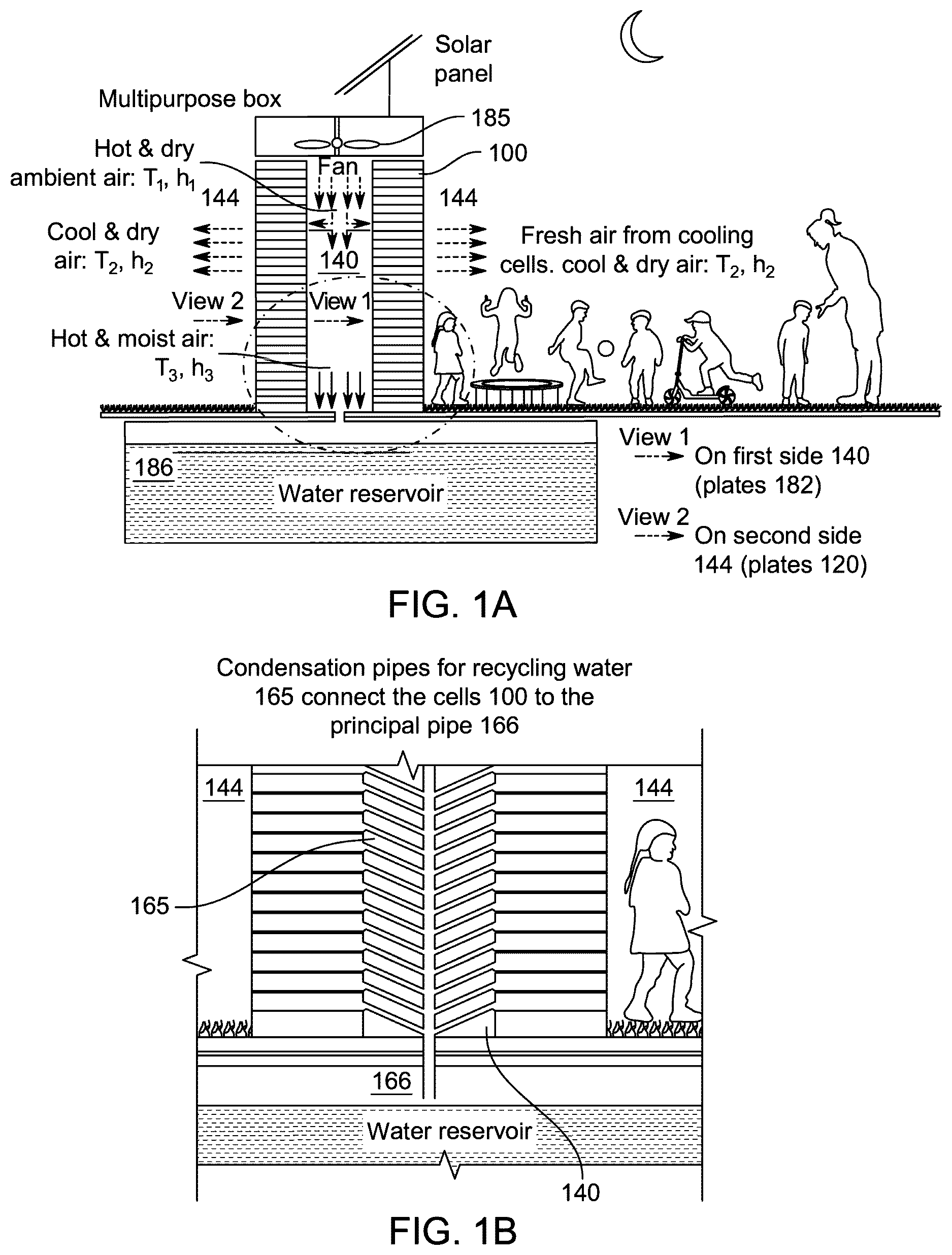 Patent US12492829 Figure 1 – Indirect evaporative cooling and four sides sub-wet bulb cell (4SSBC) for outdoor evaporative cooling structures