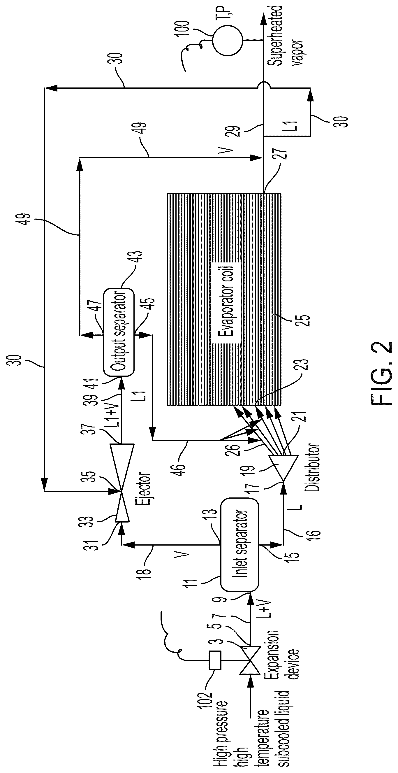 Patent US12492850 Figure 2 – Direct expansion evaporator with vapor ejector capacity boost