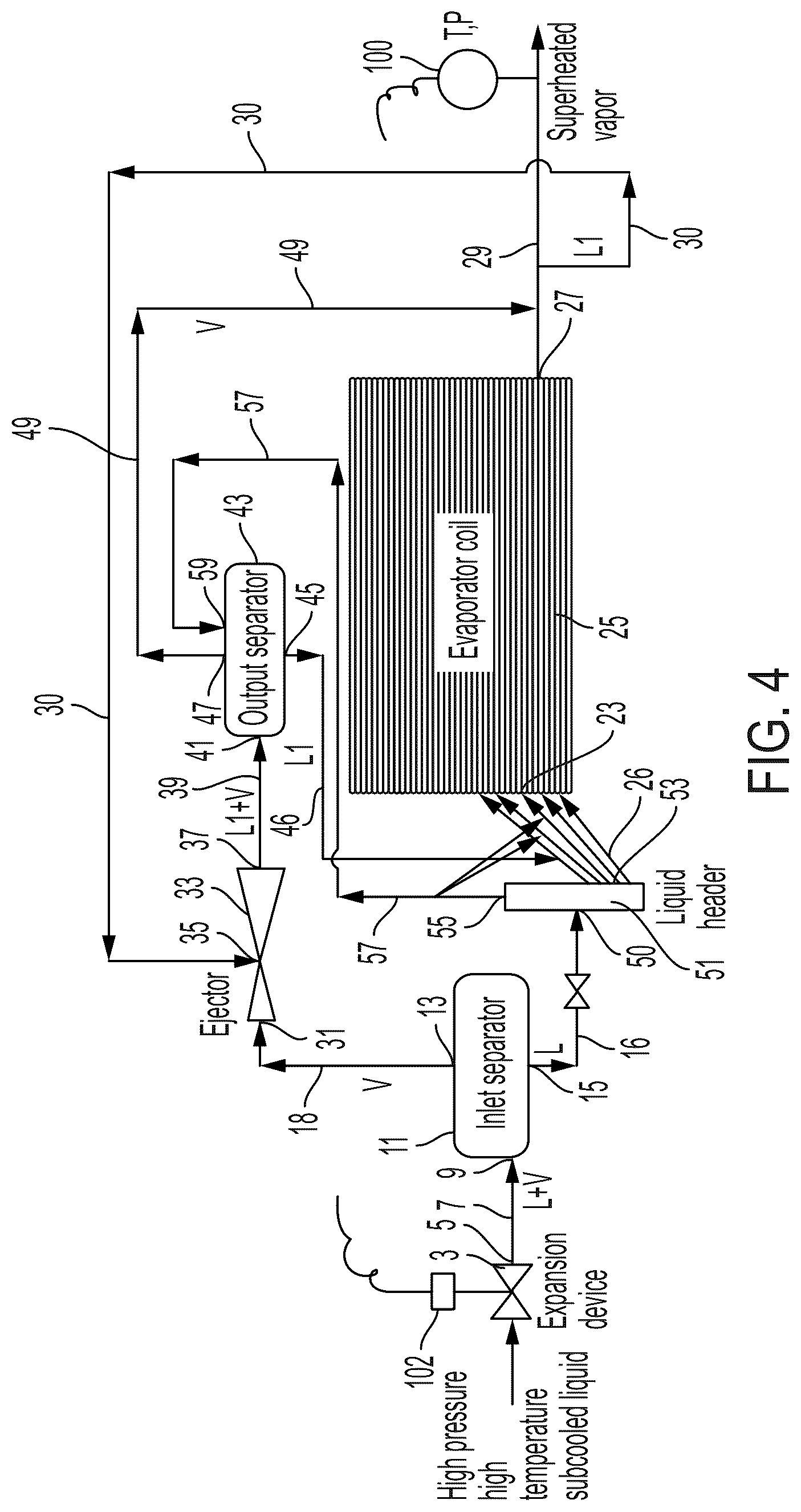 Patent US12492850 Figure 4 – Direct expansion evaporator with vapor ejector capacity boost