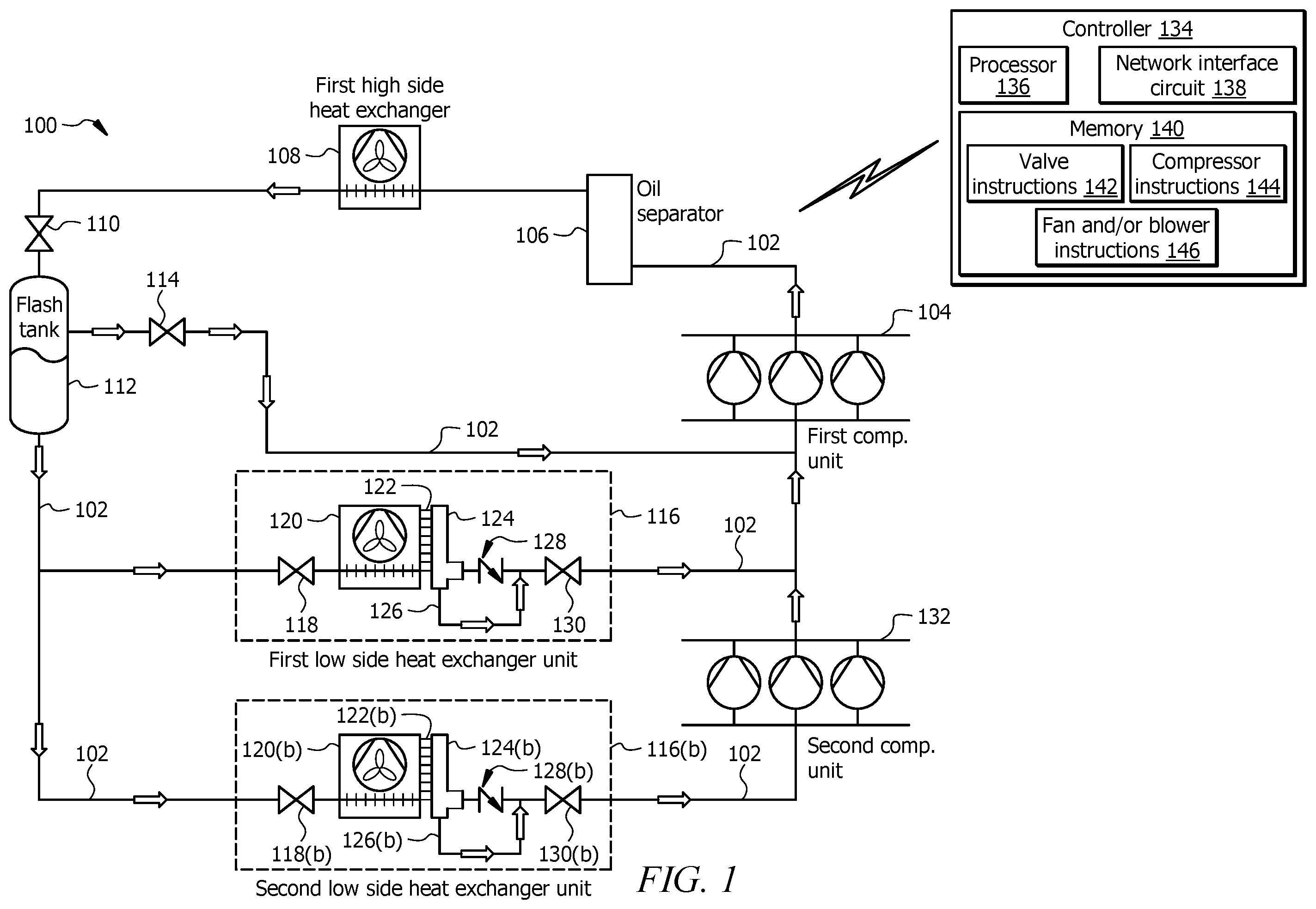 Patent US12492852 Figure 1 – Refrigeration system with an oil drain conduit and methods of use