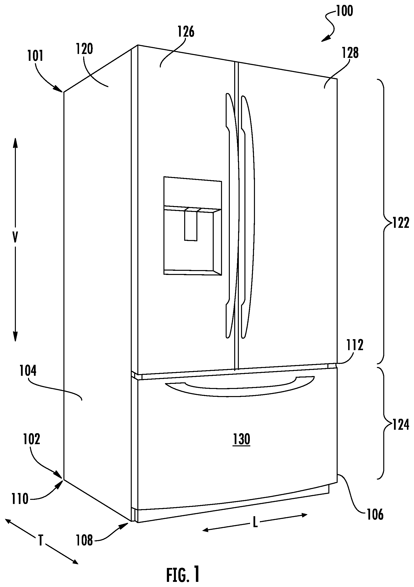 Patent US12492857 Figure 1 – Tilting bin in a door-in-door refrigerator appliance