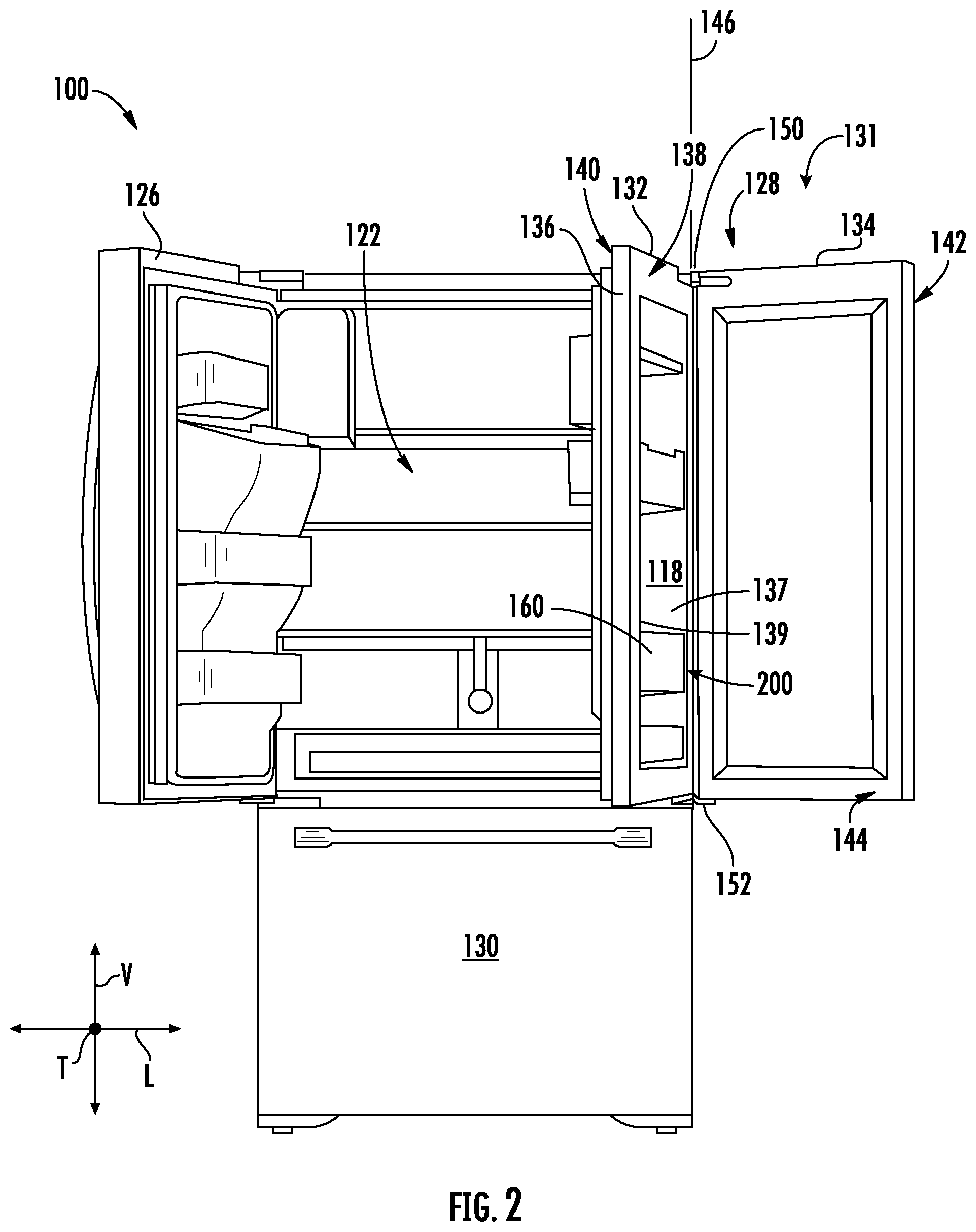 Patent US12492857 Figure 2 – Tilting bin in a door-in-door refrigerator appliance