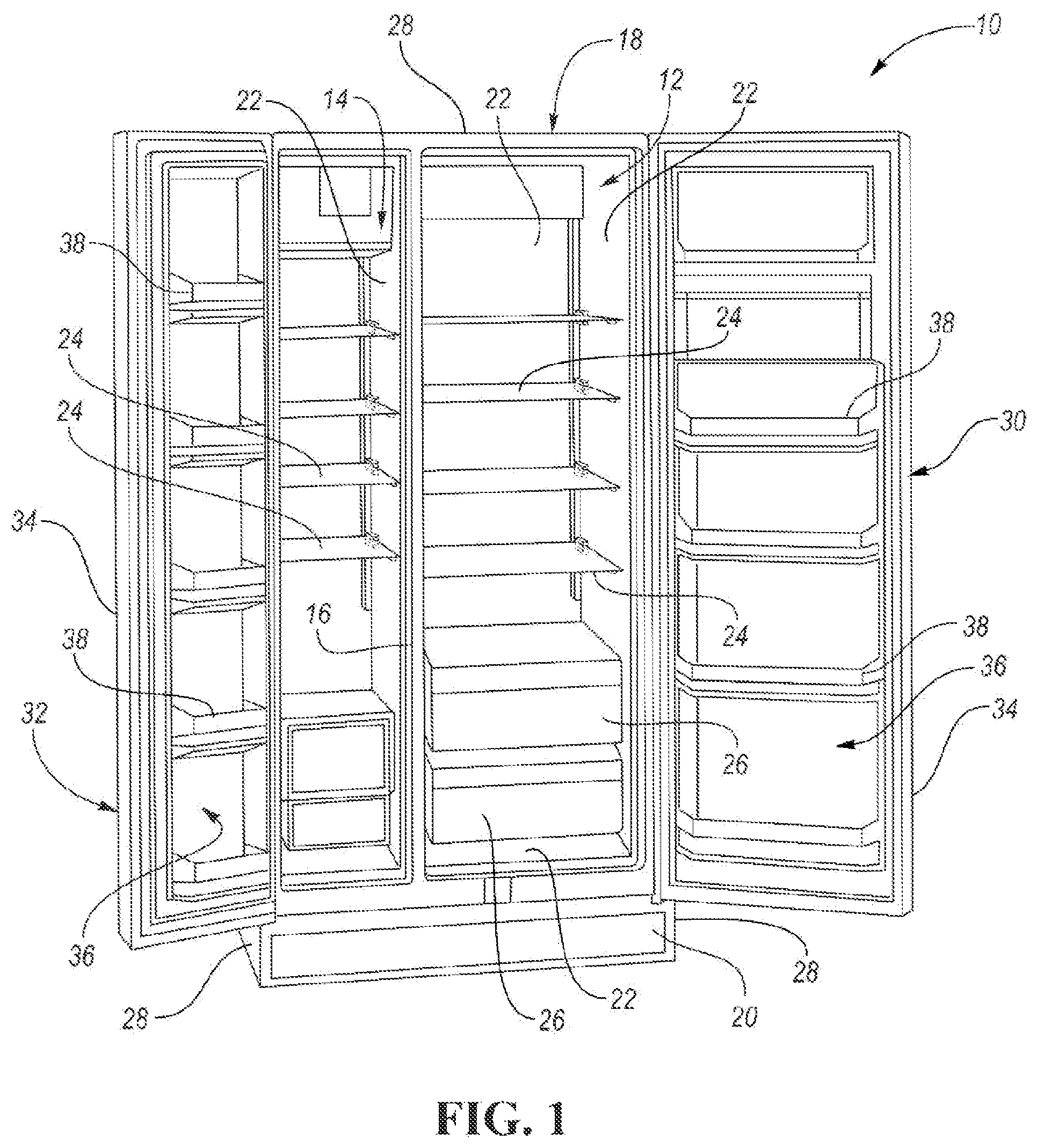 Patent US12492859 Figure 1 – Refrigerator appliance subcomponent mounting system