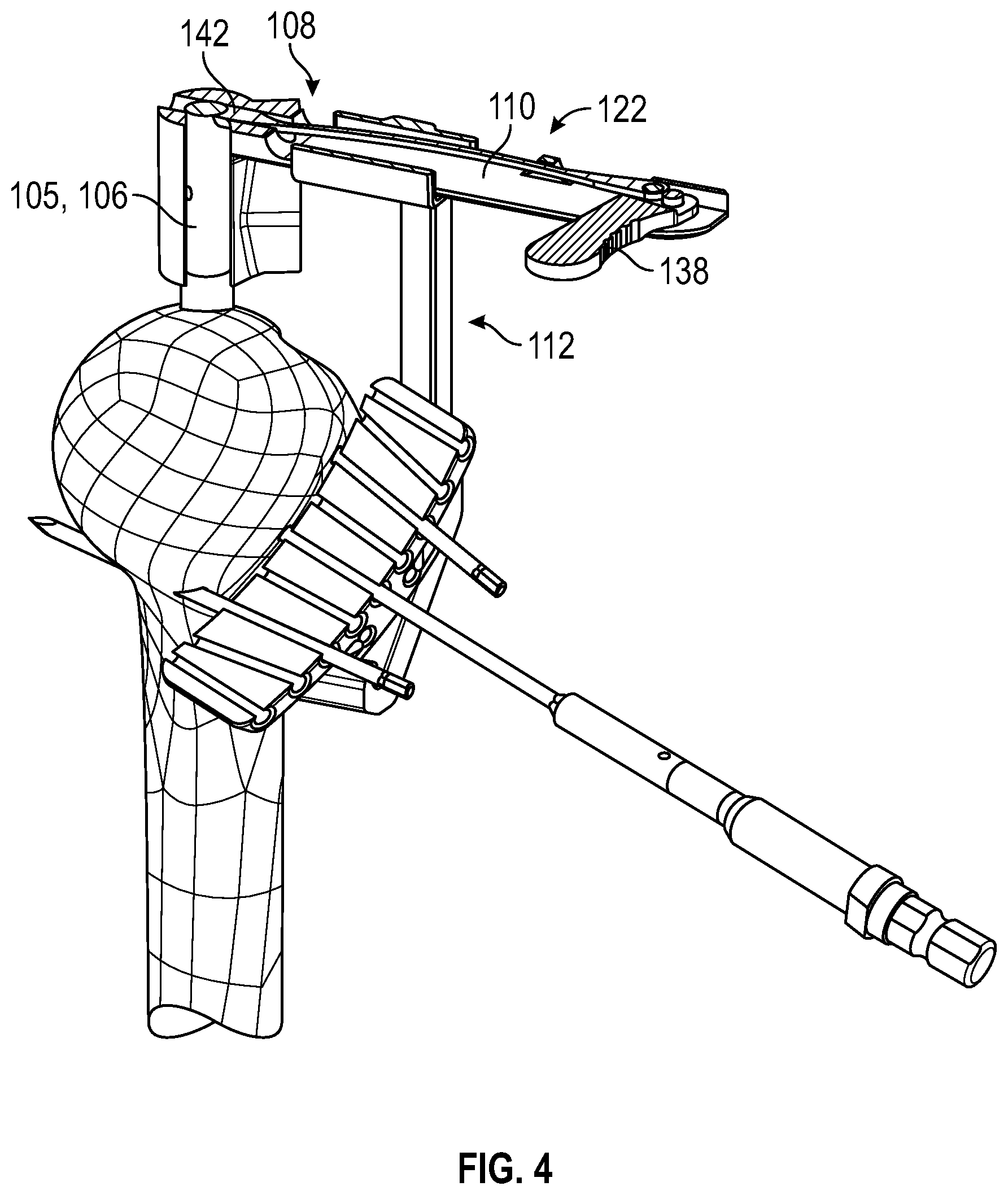 Patent US12496074 Figure 4 – Instruments and systems including a humeral cut guide assembly for an orthopedic shoulder replacement