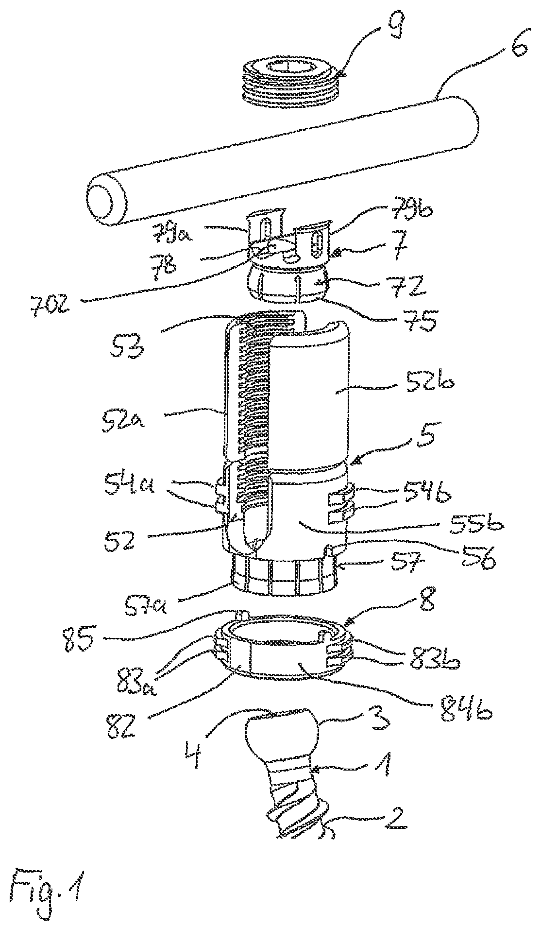 Patent US12496099 Figure 1 – Polyaxial bone anchoring device and system including an instrument and a polyaxial bone anchoring device