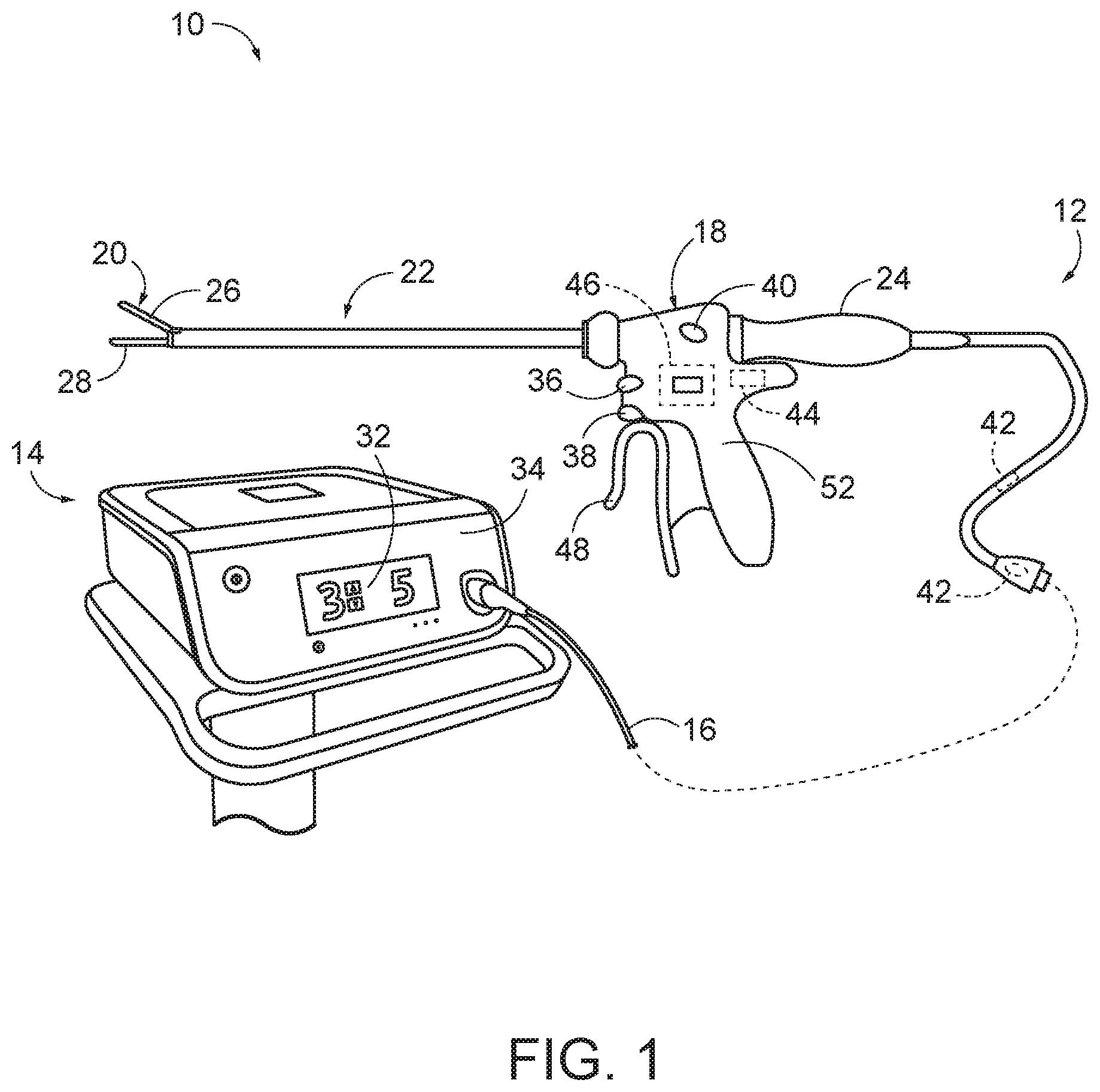 Patent US12496114 Figure 1 – Combination ultrasonic and electrosurgical instrument with clamp arm position input and method for identifying tissue state