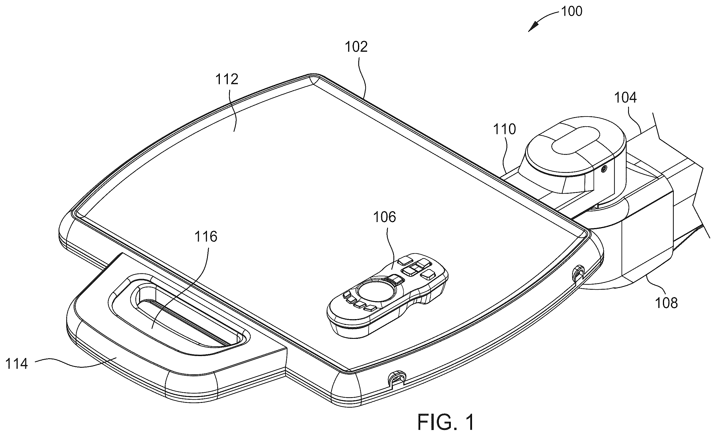 Patent US12496158 Figure 1 – Systems including a wireless remote and tray