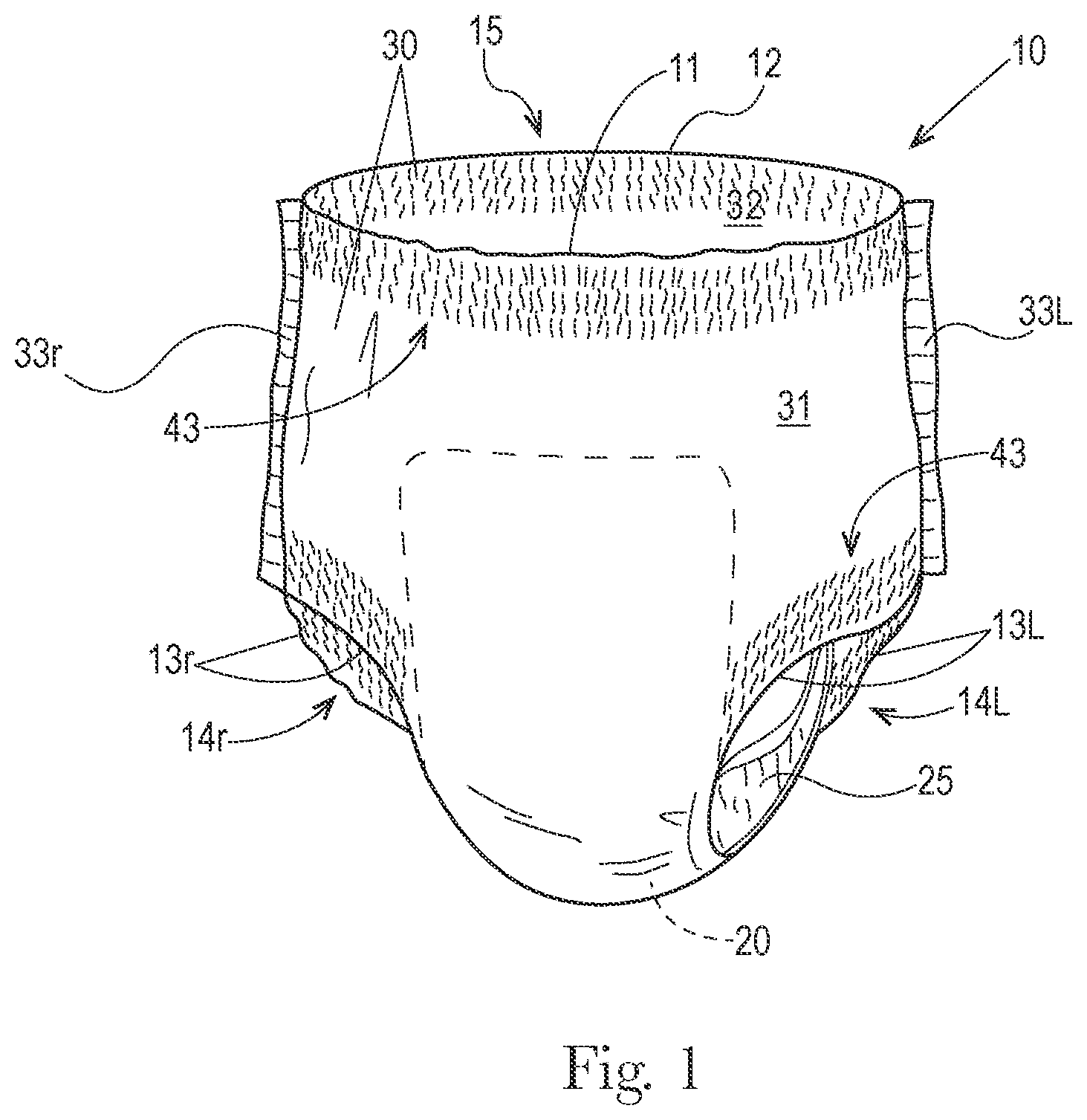 Patent US12496235 — Disposable absorbent pants with advantageous stretch and manufacturability features, and methods for manufacturing the same — Figure 1