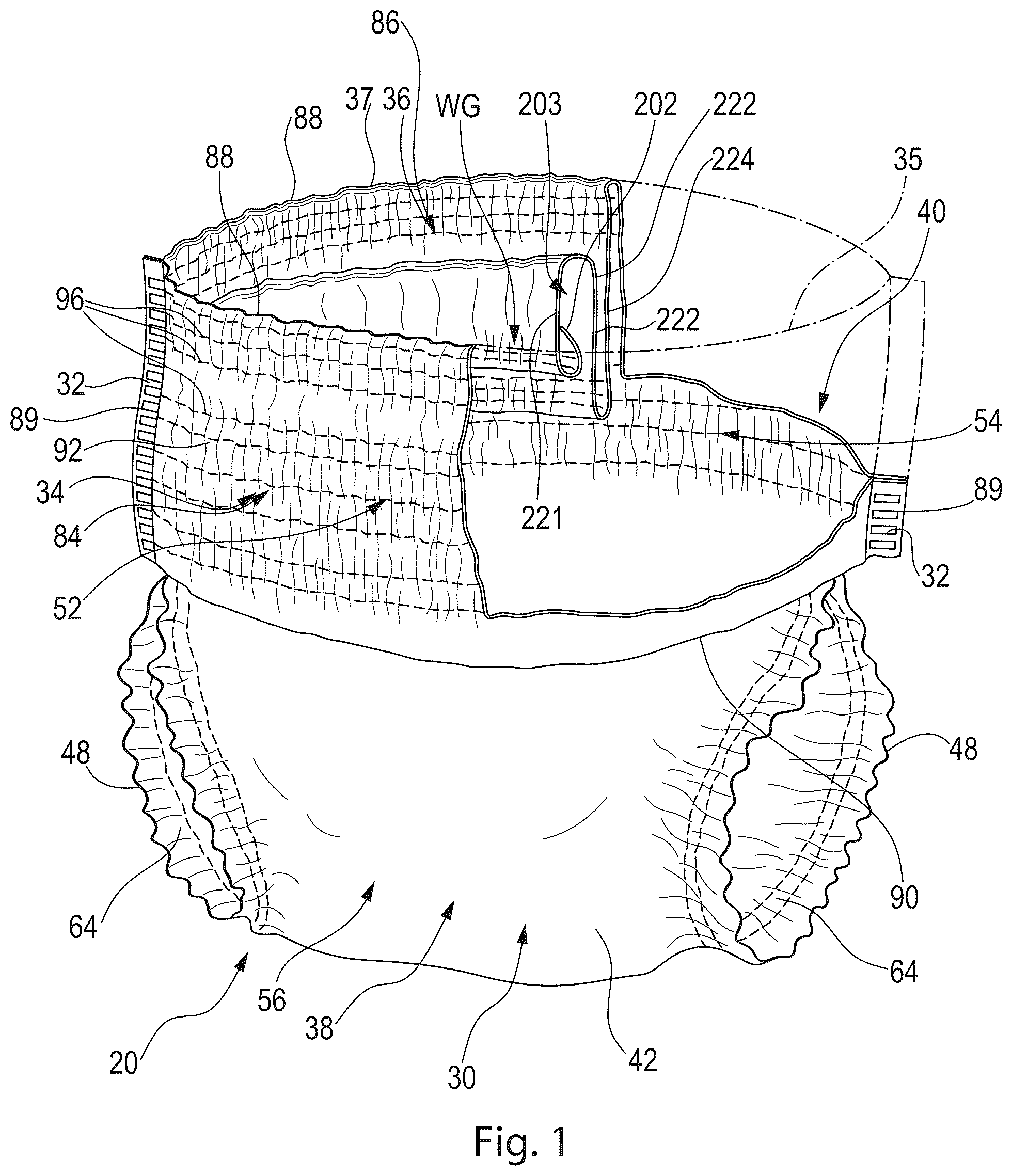 Patent US12496237 Figure 1 – Absorbent article with waist guard