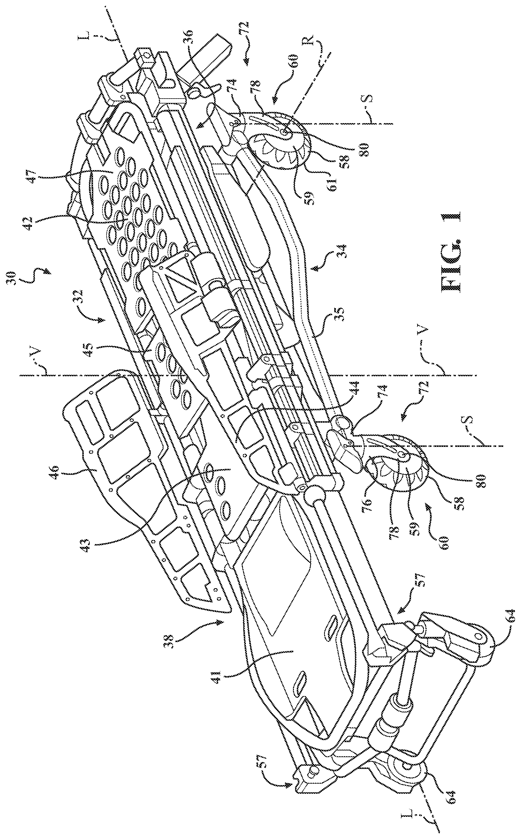 Patent US12496243 Figure 1 – Patient transport apparatus with brake assembly and steer lock assembly