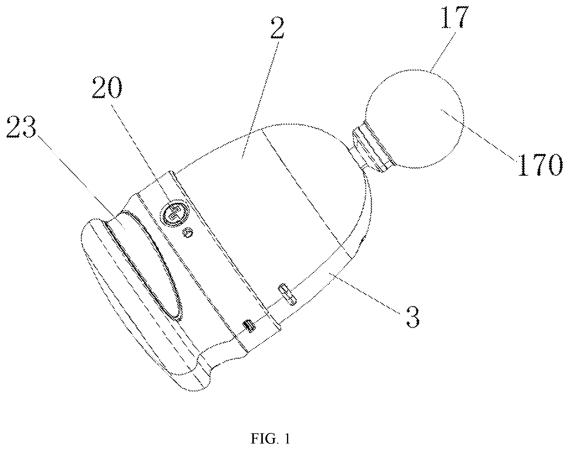 Patent US12496251 Figure 1 – Hand-held low-noise shock-absorbing electric massager