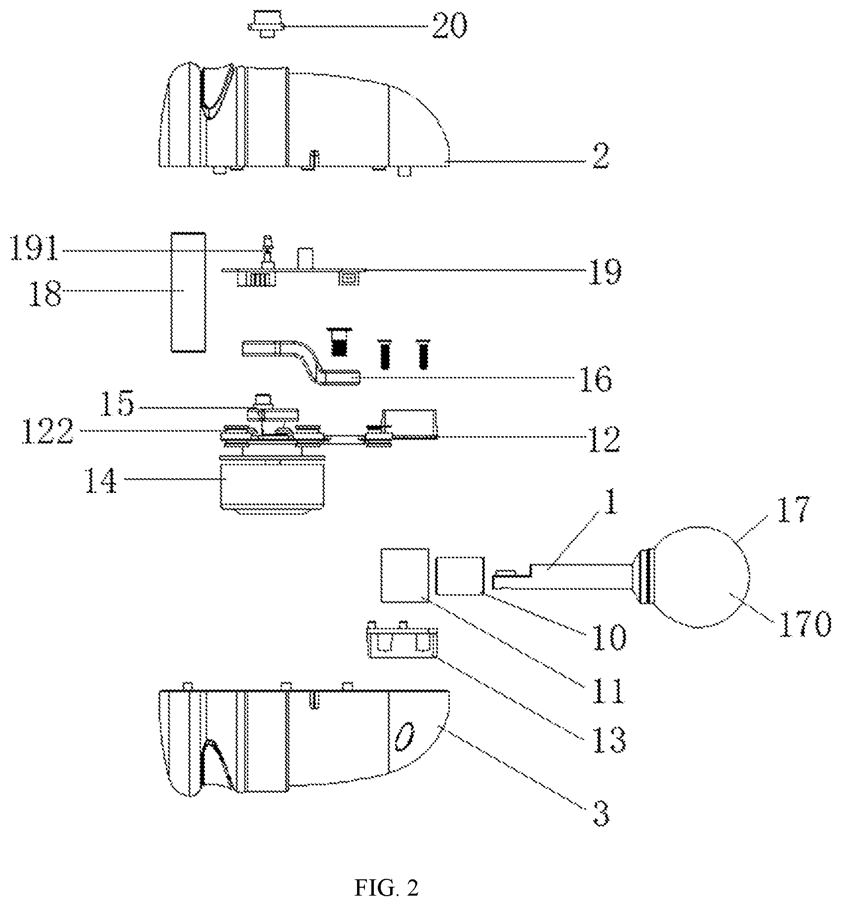Patent US12496251 Figure 2 – Hand-held low-noise shock-absorbing electric massager