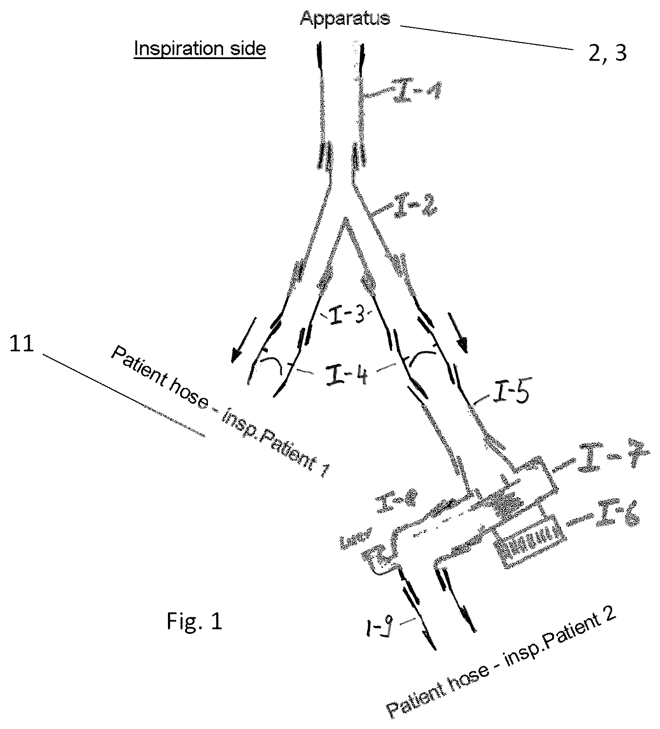 Patent US12496421 Figure 1 – Ventilation apparatus and system for the ventilation of at least two patients