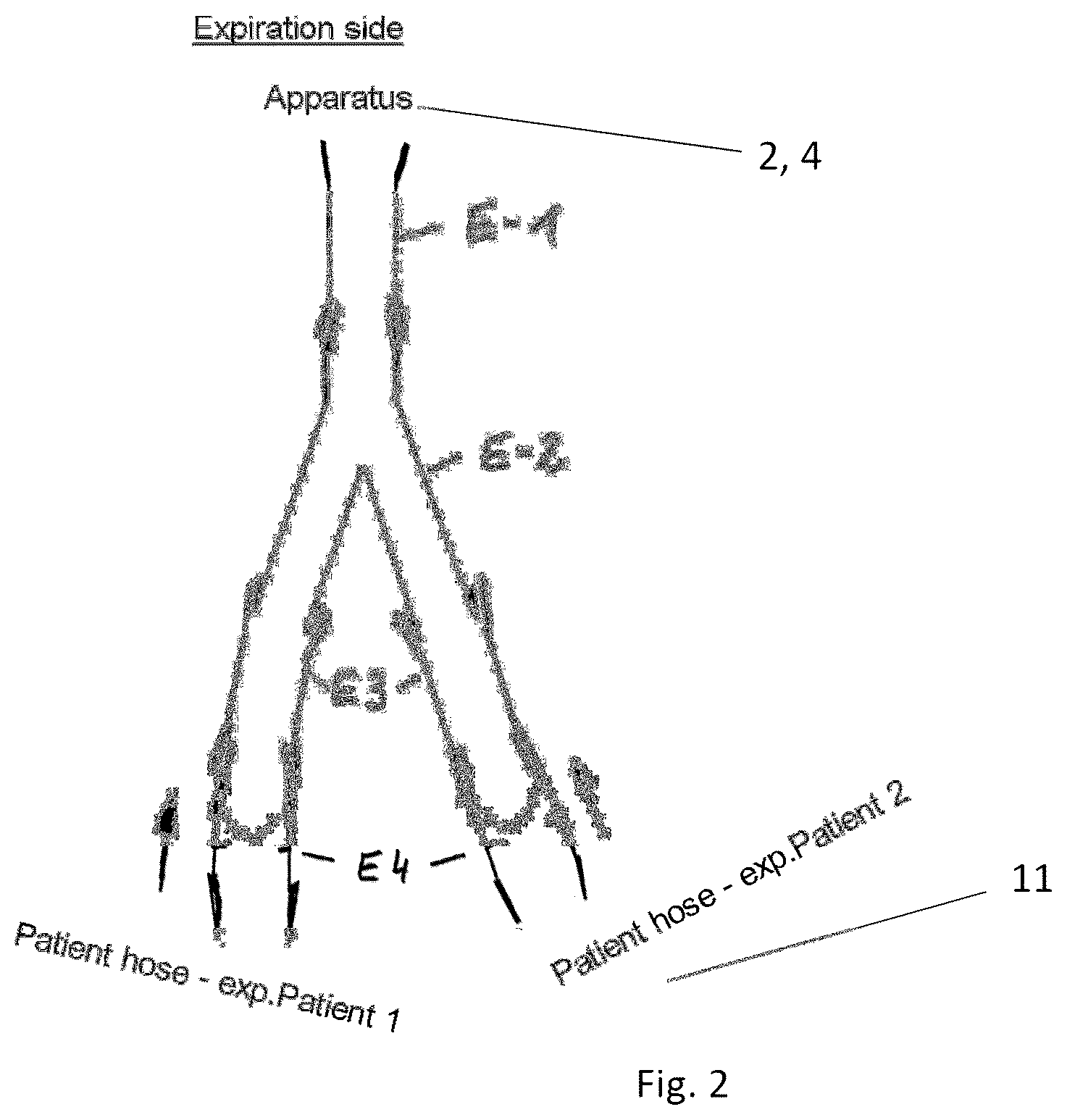 Patent US12496421 Figure 2 – Ventilation apparatus and system for the ventilation of at least two patients