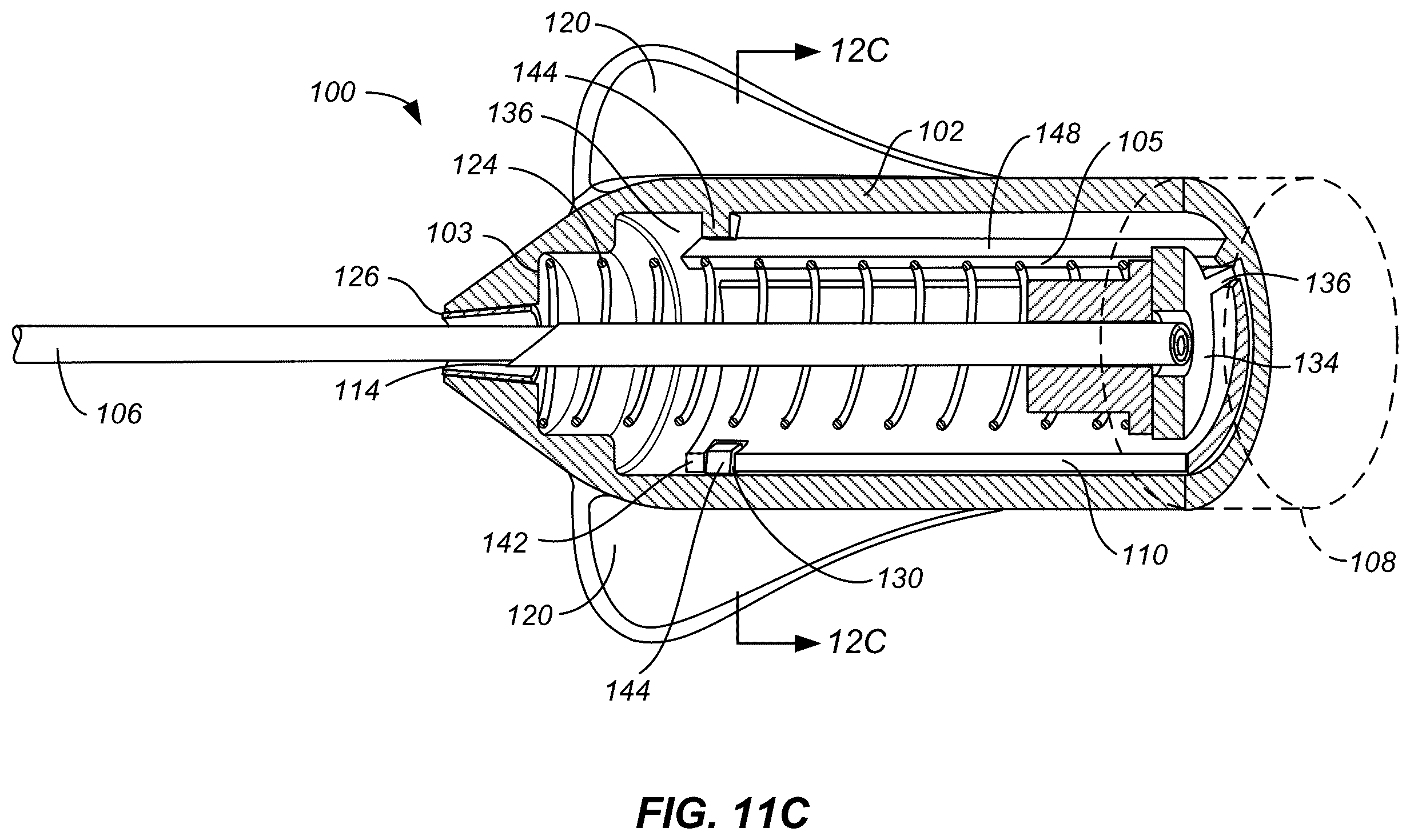 Patent US12496434 Figure 11 – Retractable needle catheter delivery apparatus